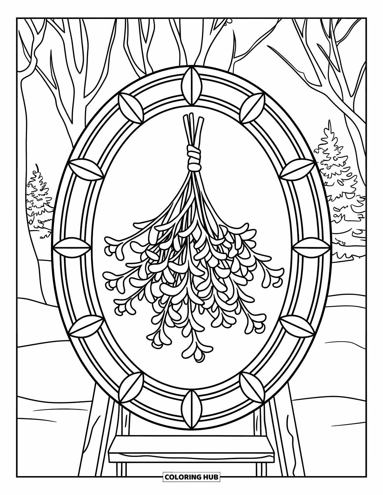 Mistletoe Coloring Page for Adults: A mistletoe bunch is framed inside a stained glass oval