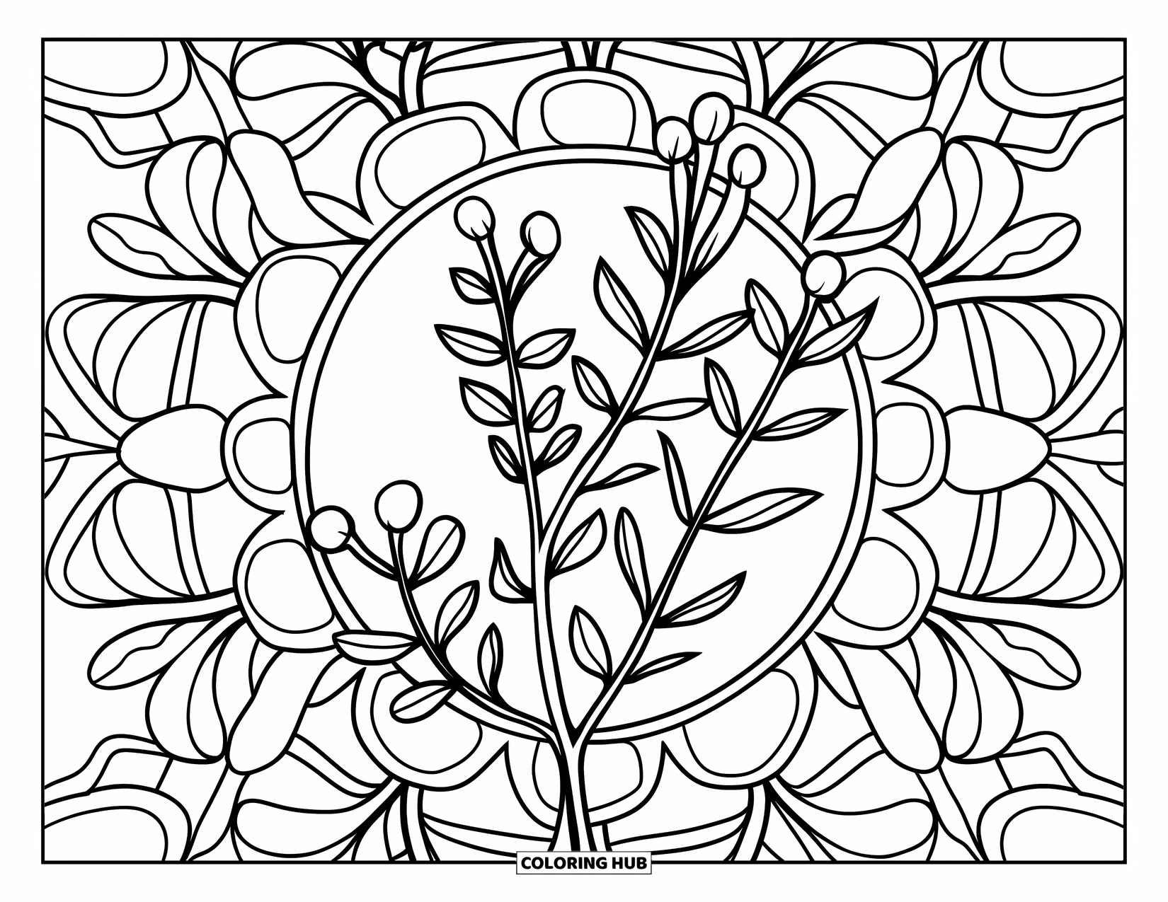 Mistletoe Coloring Page for Adults: A mistletoe sprig overlays a mandala filled with detailed floral patterns