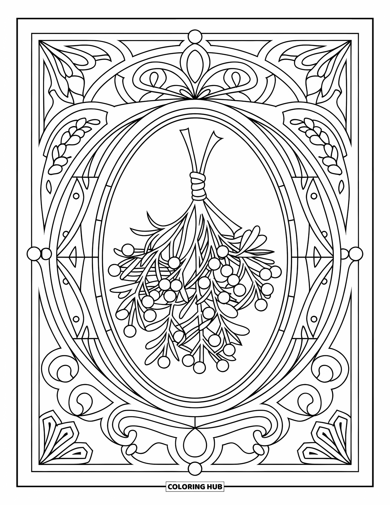 Mistletoe Coloring Page for Adults: A mistletoe sprig rests within a stained glass oval design