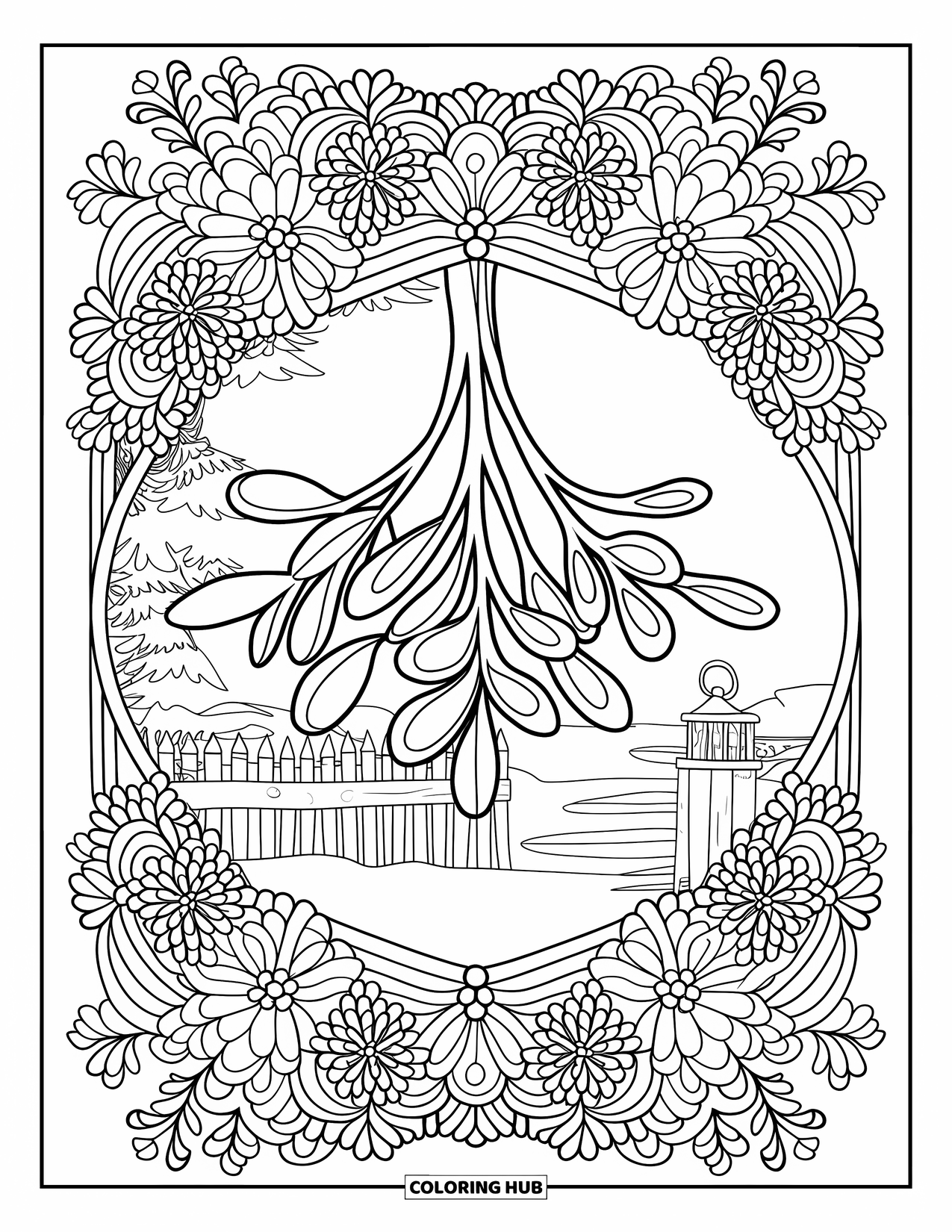 Mistletoe Coloring Page for Adults: A mistletoe sprig sits framed by floral mandala patterns