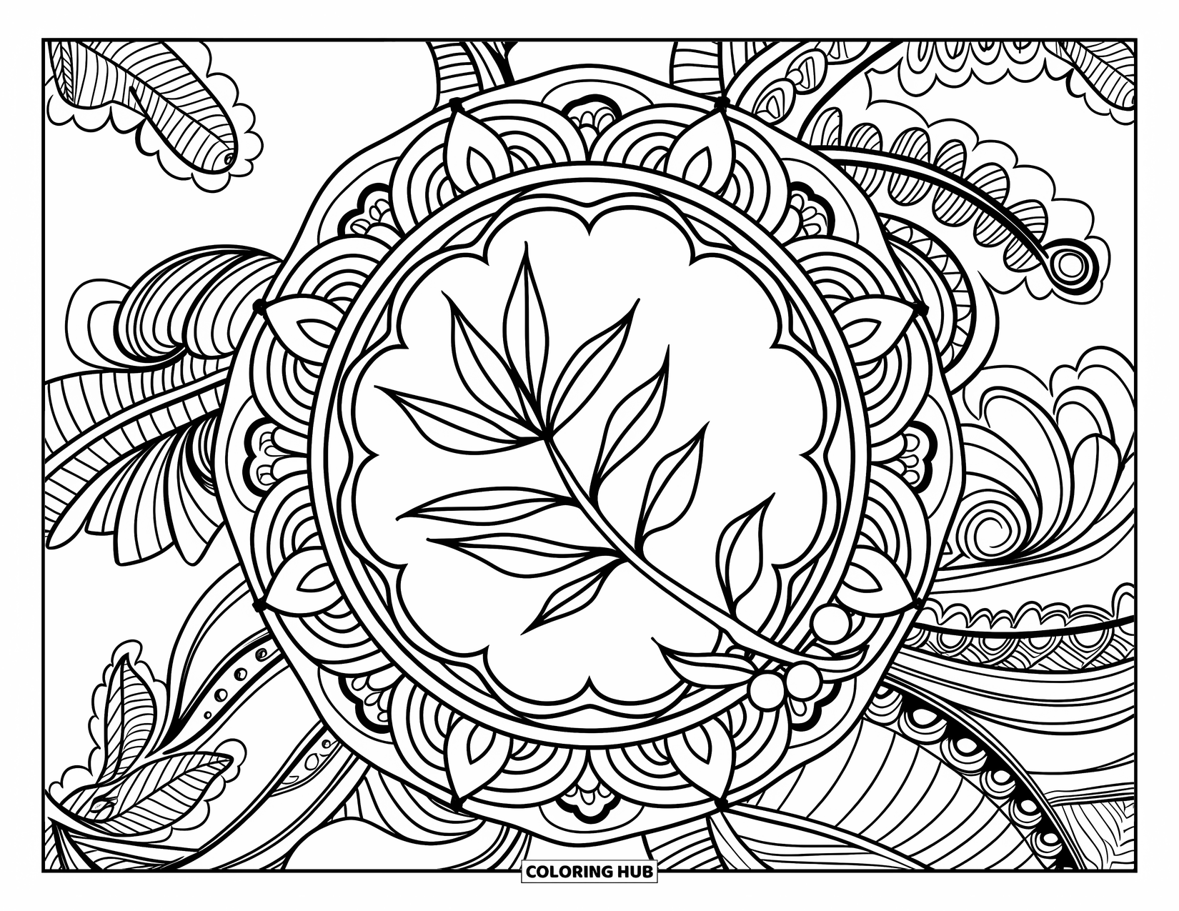 Mistletoe Coloring Page for Adults: A single mistletoe stem rests over a detailed floral mandala
