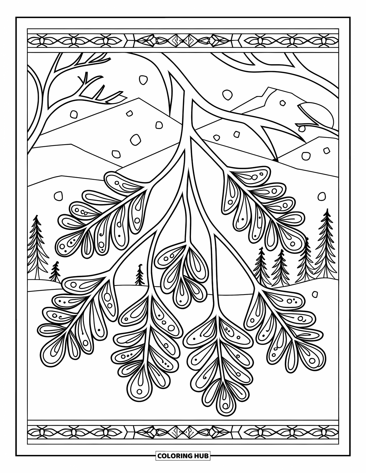 Mistletoe Coloring Page for Adults: Mistletoe branches extend into a detailed botanical mandala