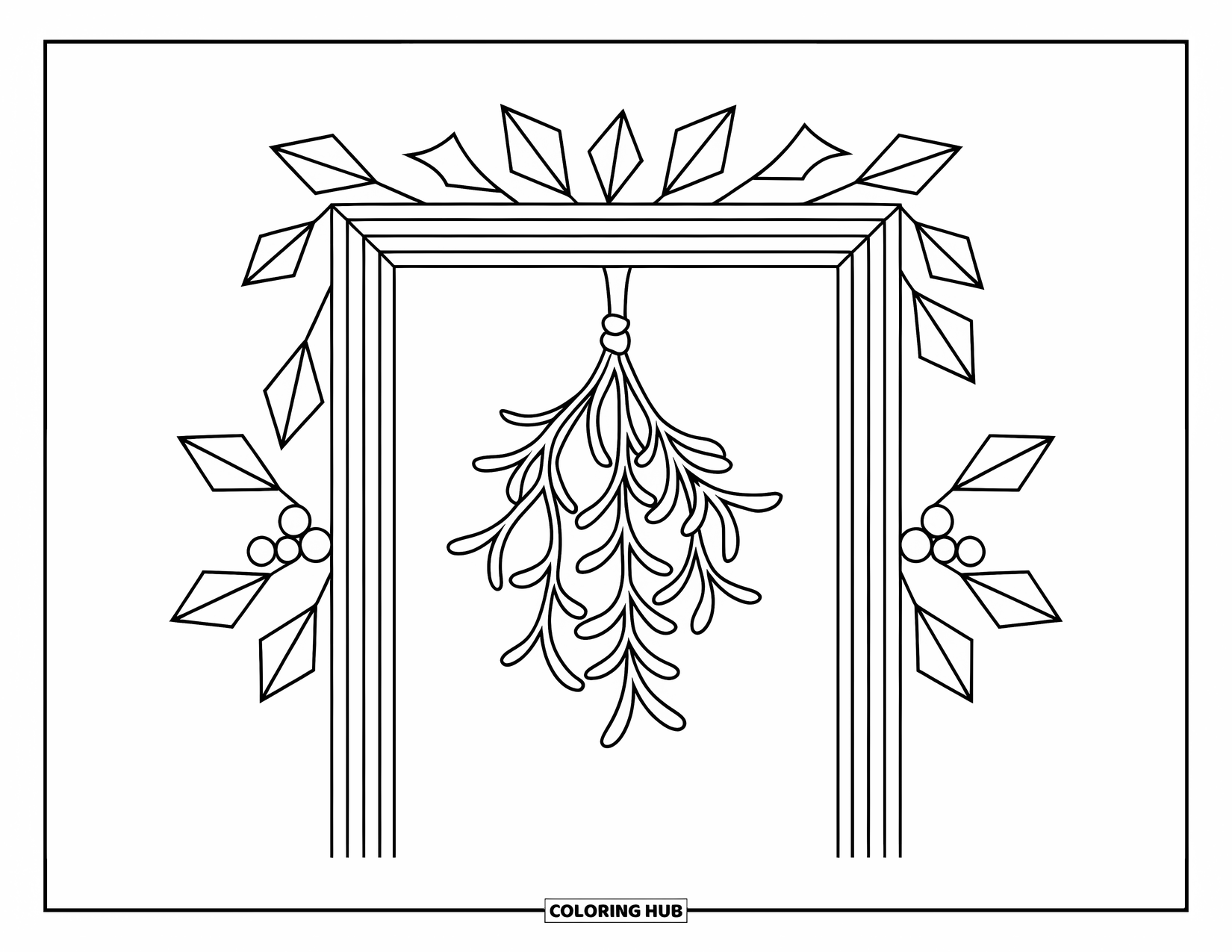 Mistletoe Coloring Page for Kids: A cartoon door frame with mistletoe is trimmed with holly