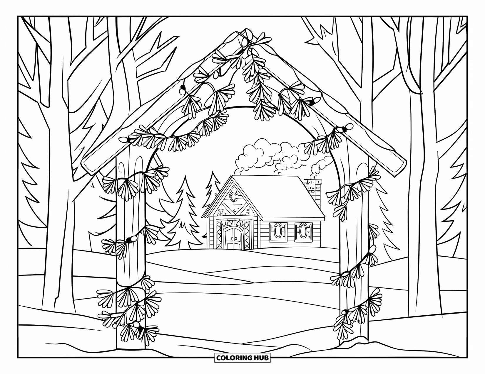 Mistletoe Coloring Page for Kids: A cozy chimney house glows behind a mistletoe-wrapped arch