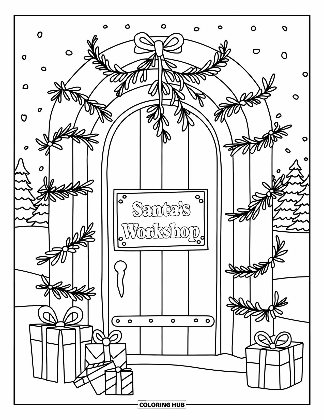 Mistletoe Coloring Page for Kids: A doorway with mistletoe, candy canes, and "Santa's Workshop" sign