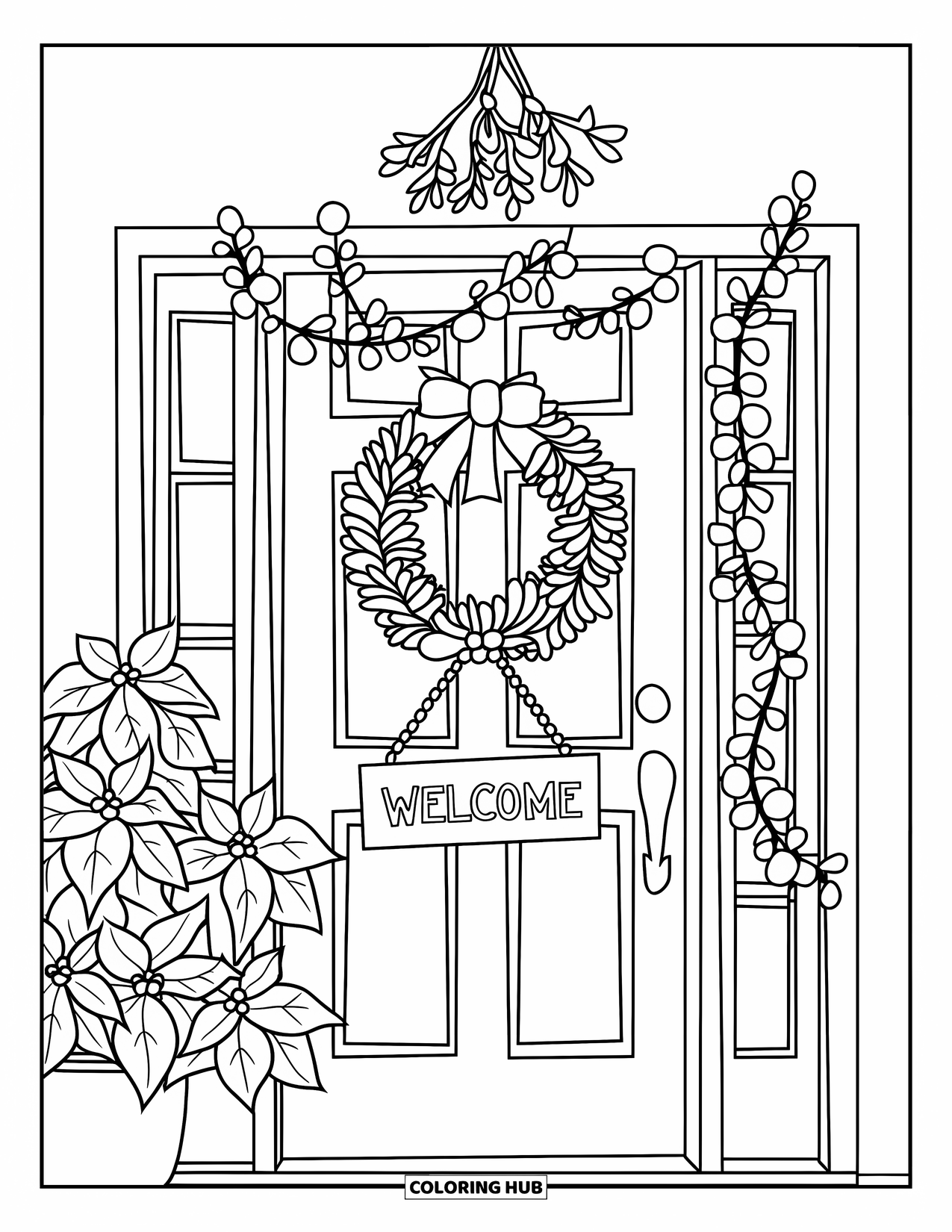 Mistletoe Coloring Page for Kids: A festive doorway with mistletoe and poinsettia reads "Welcome"