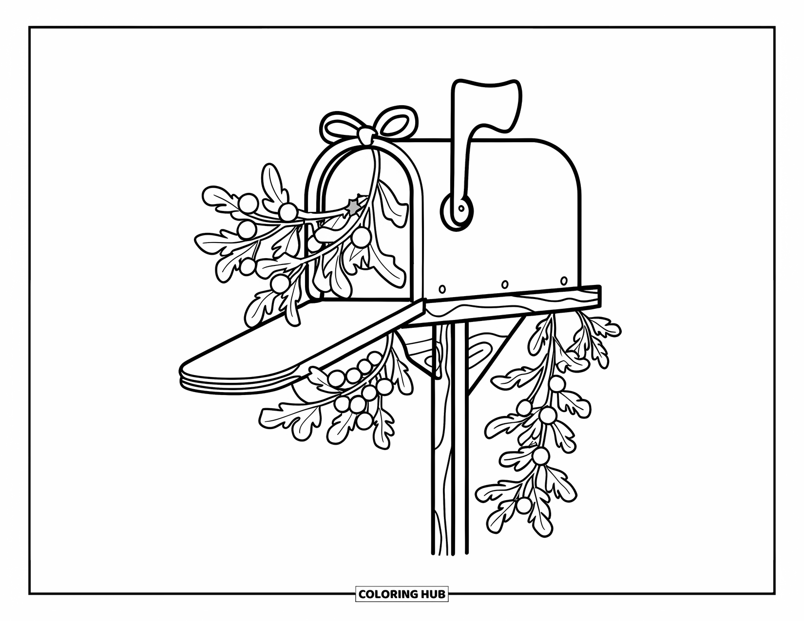 Mistletoe Coloring Page for Kids: A festive mailbox with mistletoe grows on a wooden post