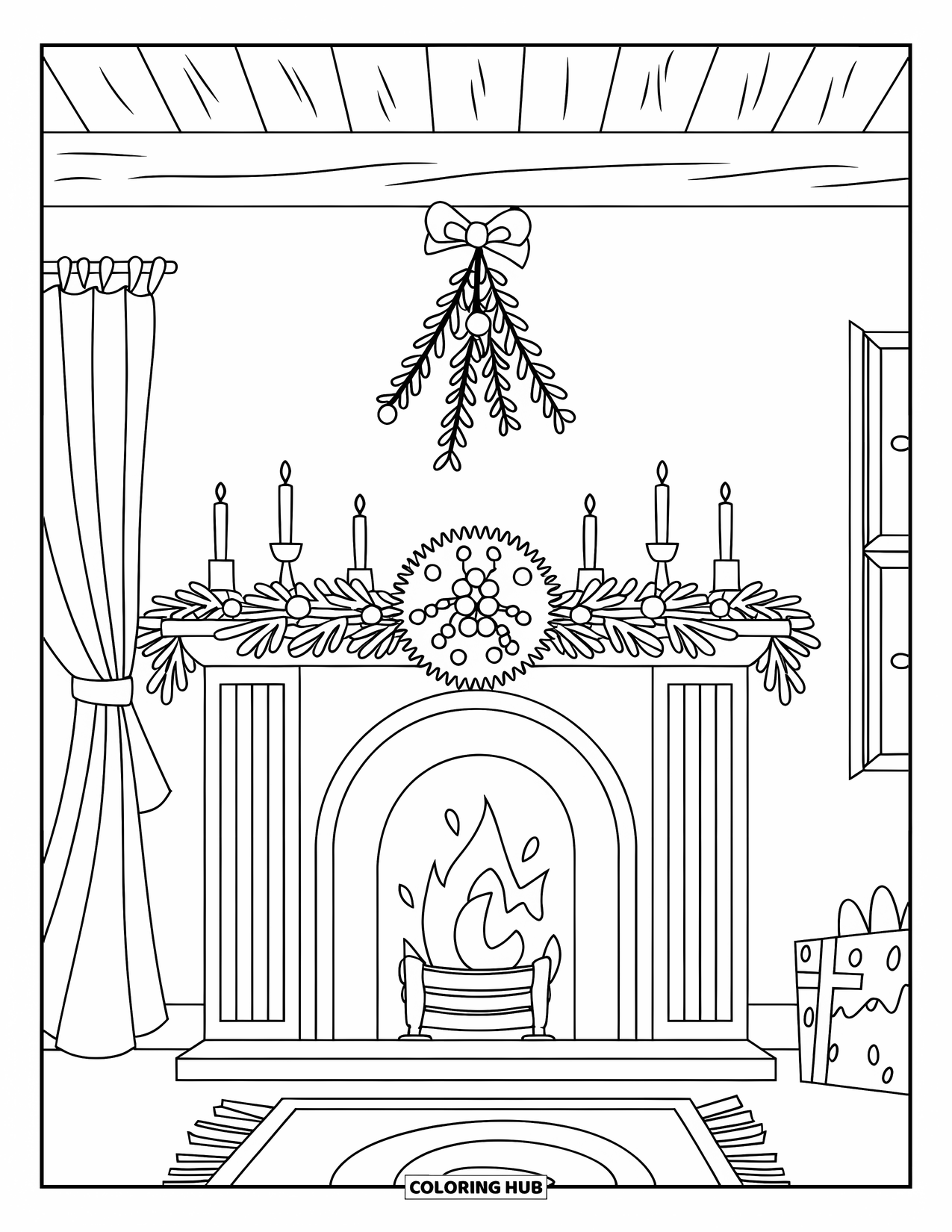 Mistletoe Coloring Page for Kids: A festive mantle with mistletoe, candles, and a wreath warms the room