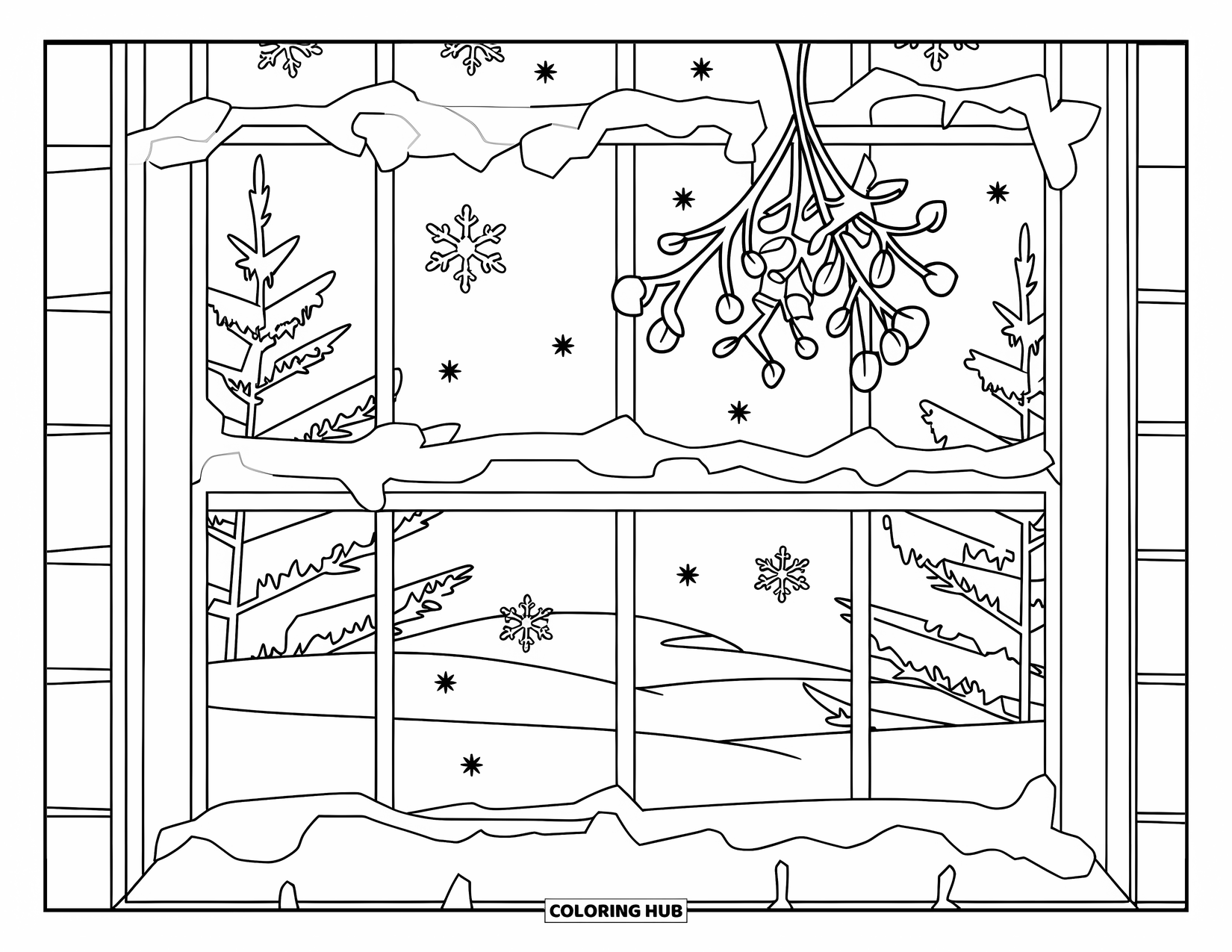 Mistletoe Coloring Page for Kids: A frosted window hangs with mistletoe above snowy trees