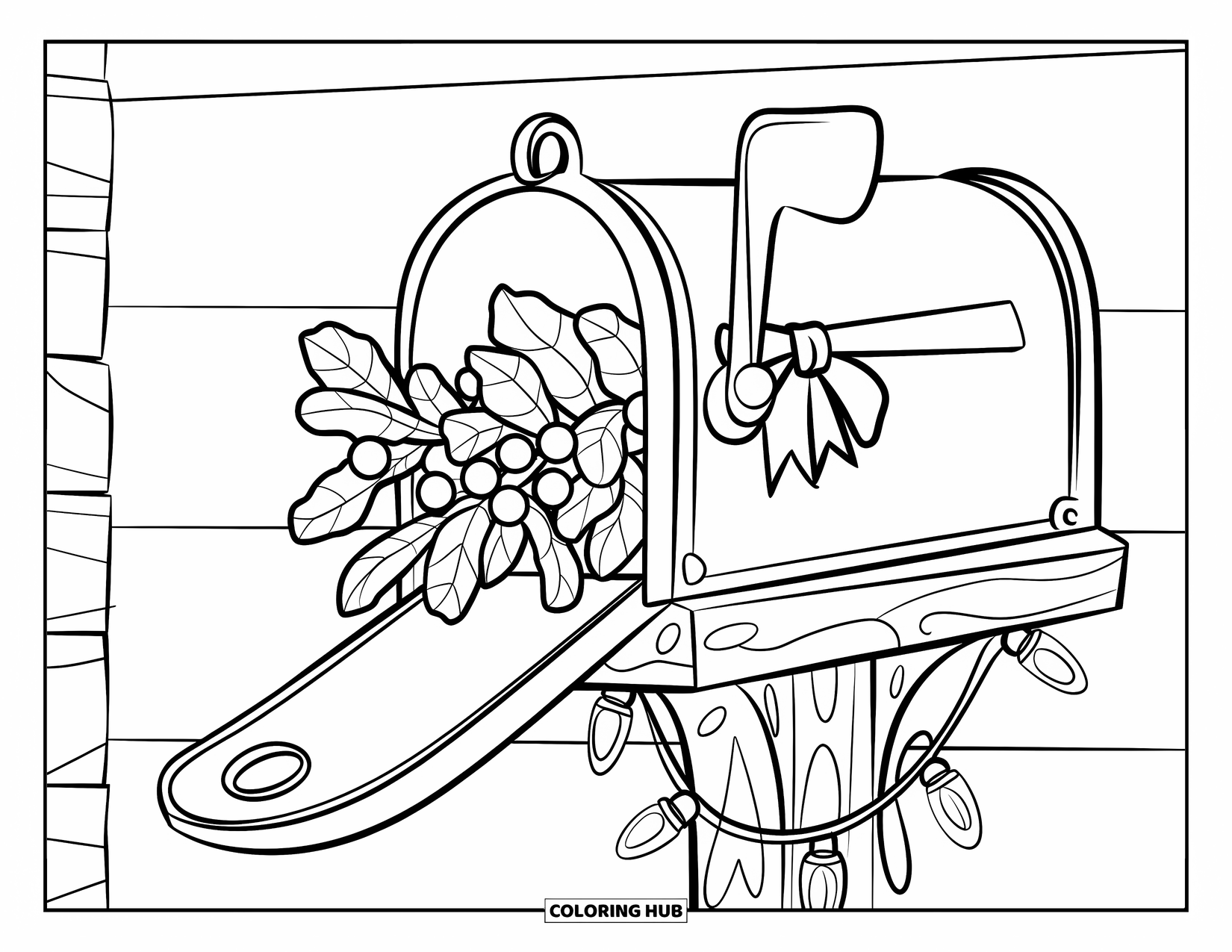 Mistletoe Coloring Page for Kids: A mailbox tied with mistletoe and lights glows on a post