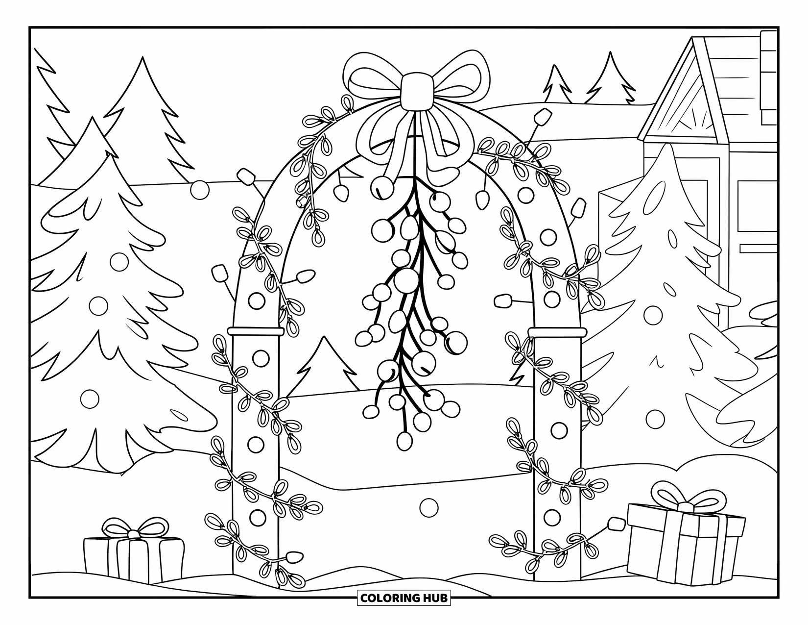 Mistletoe Coloring Page for Kids: A mistletoe arch with ornaments and gifts rests before a chimney house