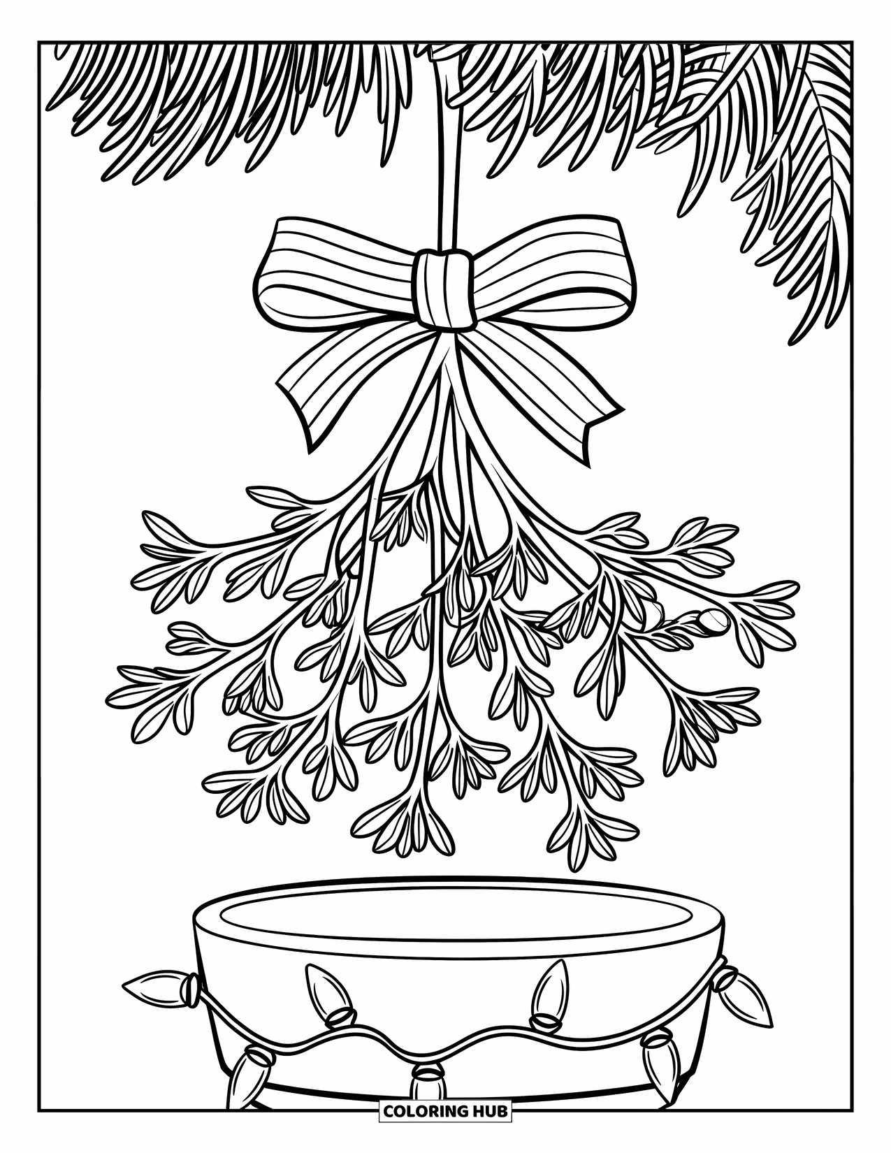 Mistletoe Coloring Page for Kids: A mistletoe in a pot is wrapped with lights and ribbon