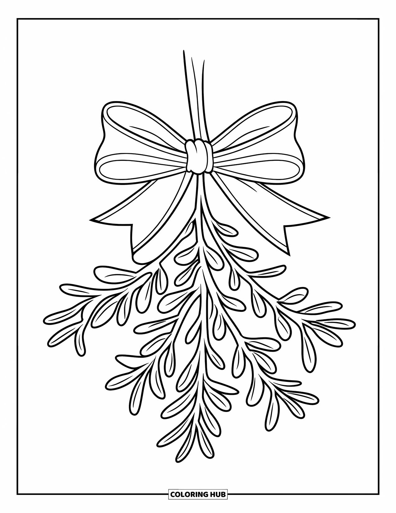 Mistletoe Coloring Page for Kids: A mistletoe sprig tied with a big festive bow hangs down