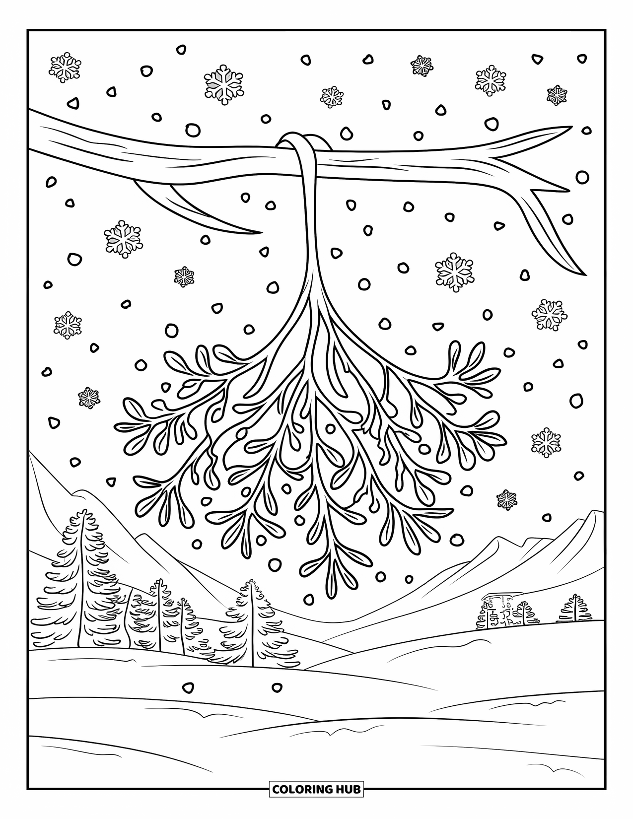 Mistletoe Coloring Page for Kids: A mistletoe sprig with berries hangs among falling snowflakes