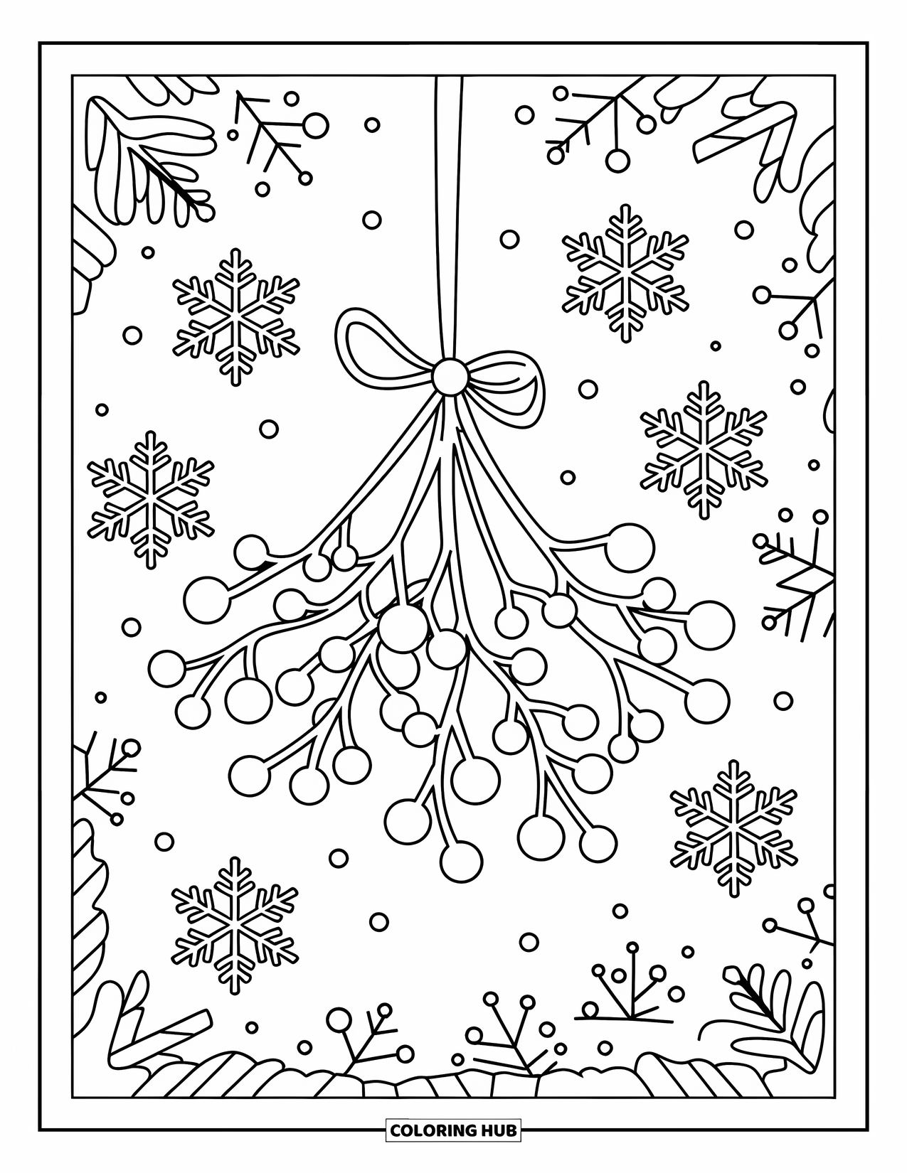 Mistletoe Coloring Page for Kids: A mistletoe sprig with berries hangs among snowy branches