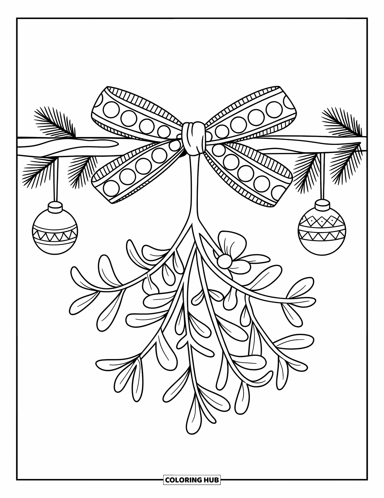 Mistletoe Coloring Page for Kids: A mistletoe tied with a patterned ribbon hangs from a branch