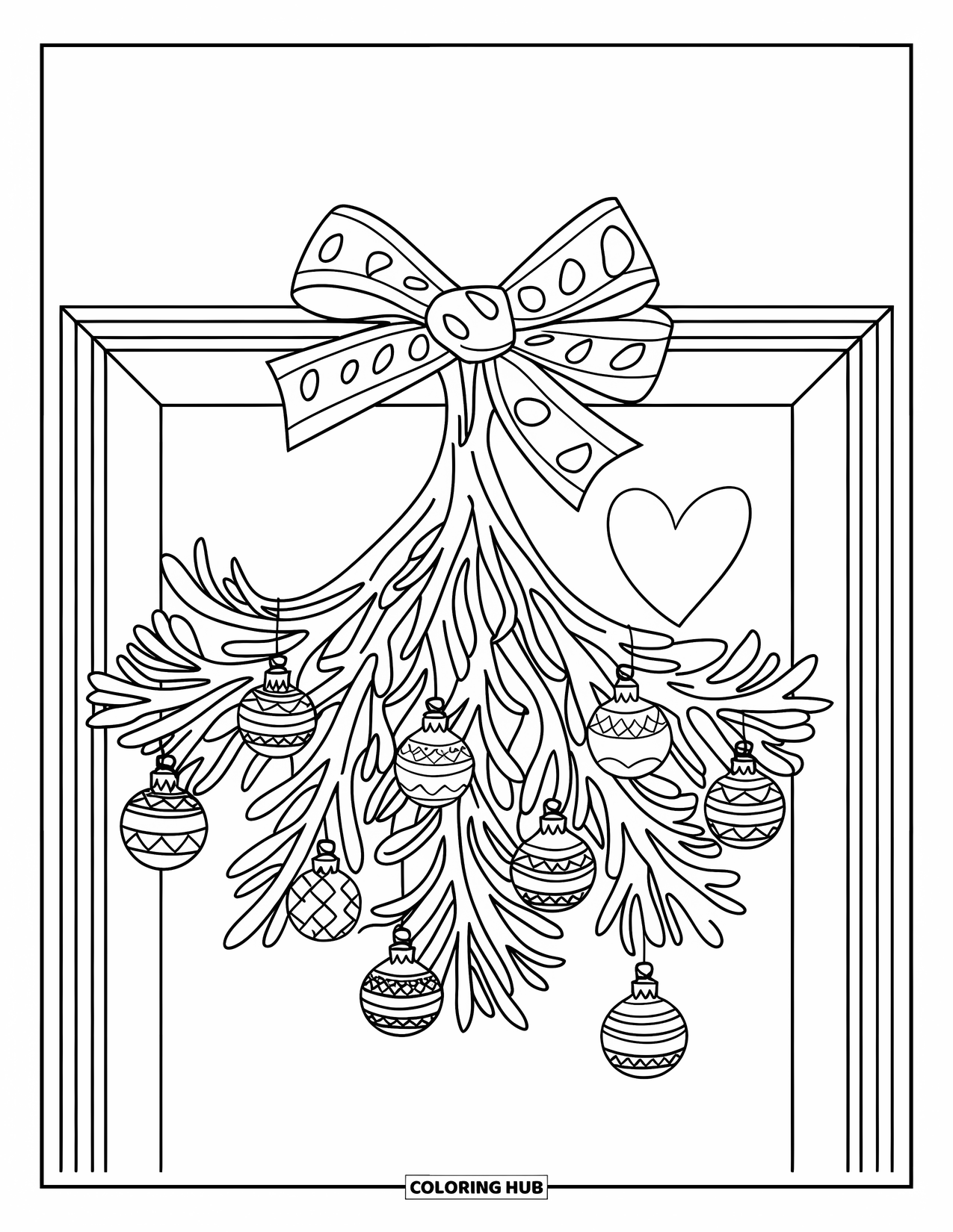 Mistletoe Coloring Page for Kids: A mistletoe with baubles and bow hangs above a doorway
