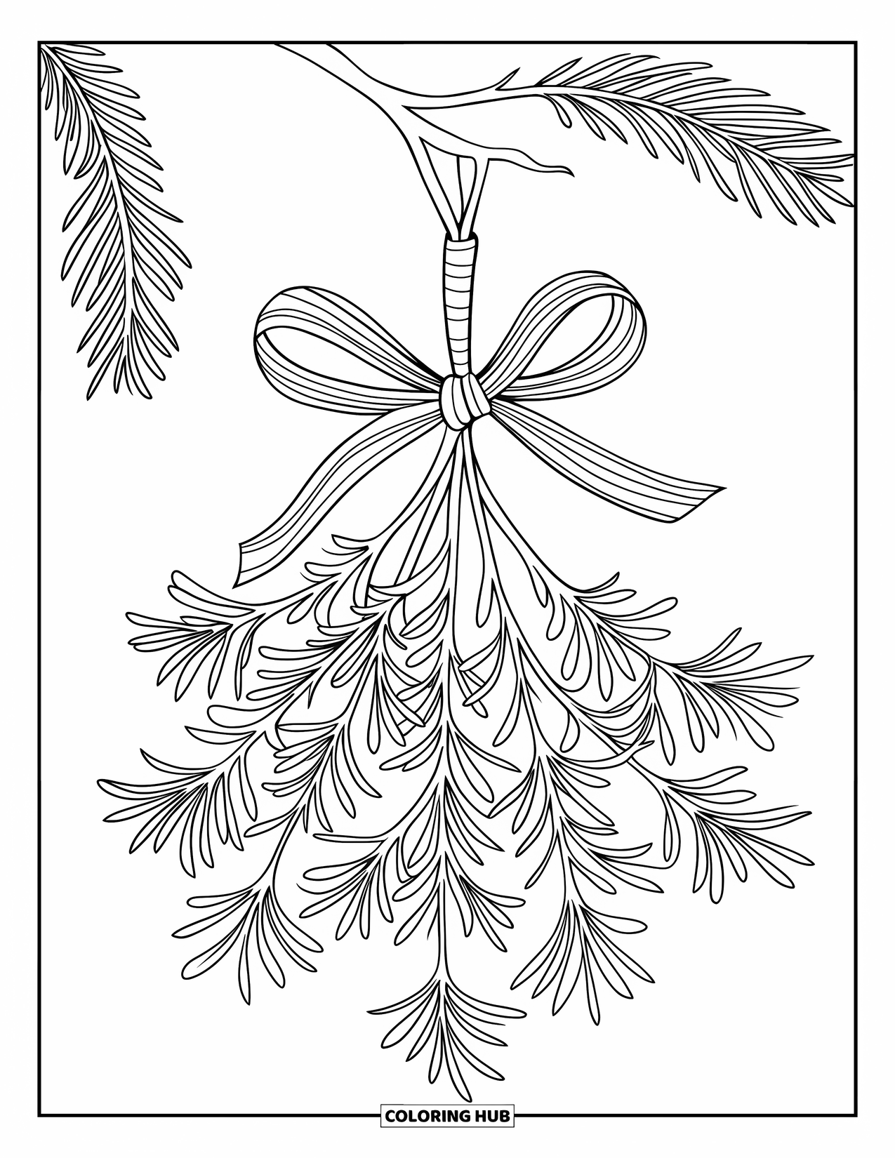Mistletoe Coloring Page for Kids: A mistletoe with striped ribbon and bells hangs from a branch