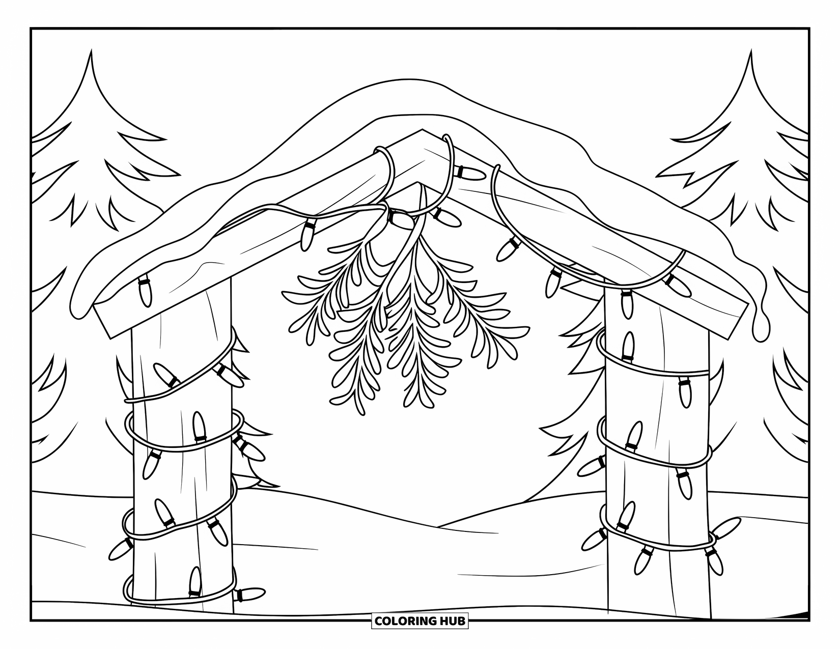 Mistletoe Coloring Page for Kids: A snowy arch draped in mistletoe and lights stands near fir trees