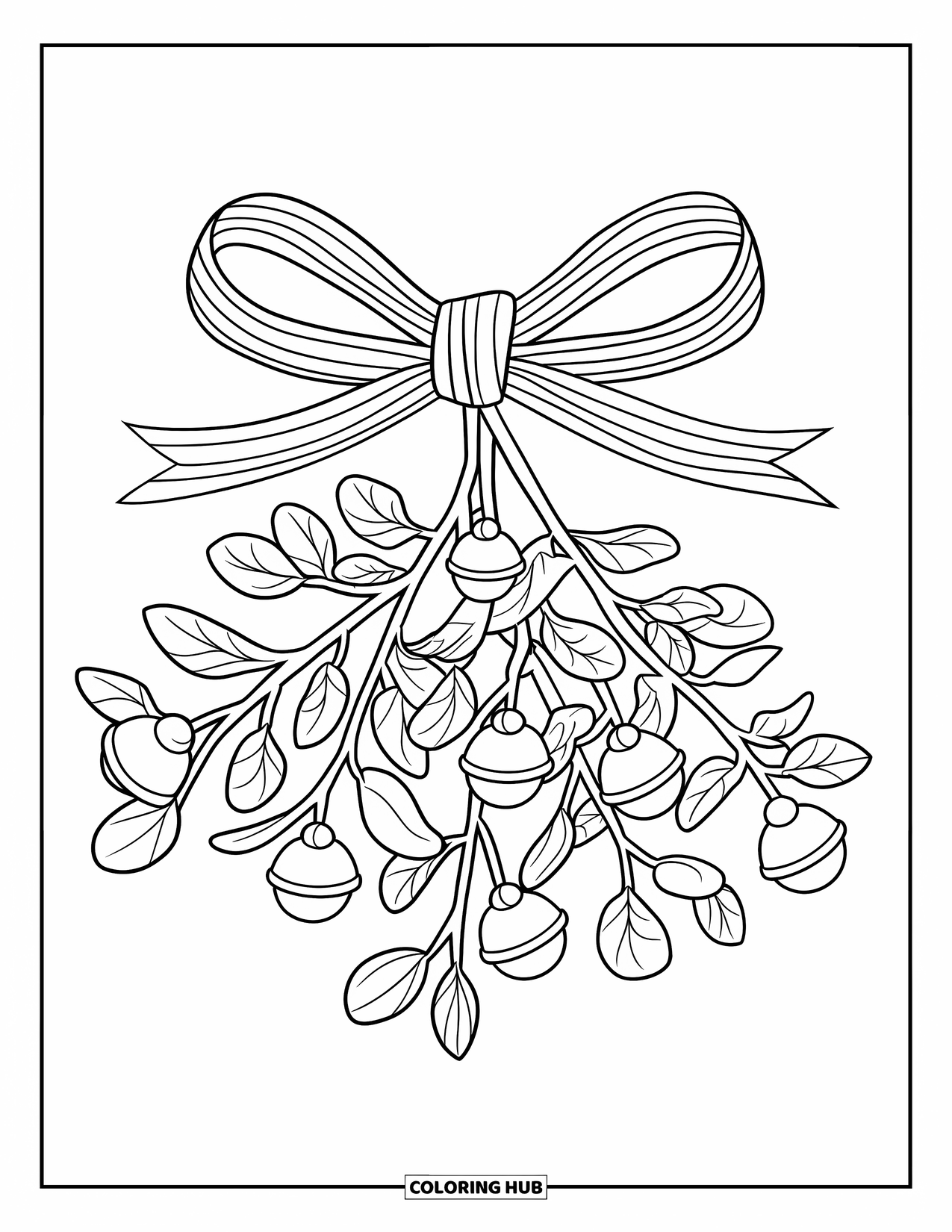 Mistletoe Coloring Page for Kids: A striped ribbon ties mistletoe with berries and shiny bells
