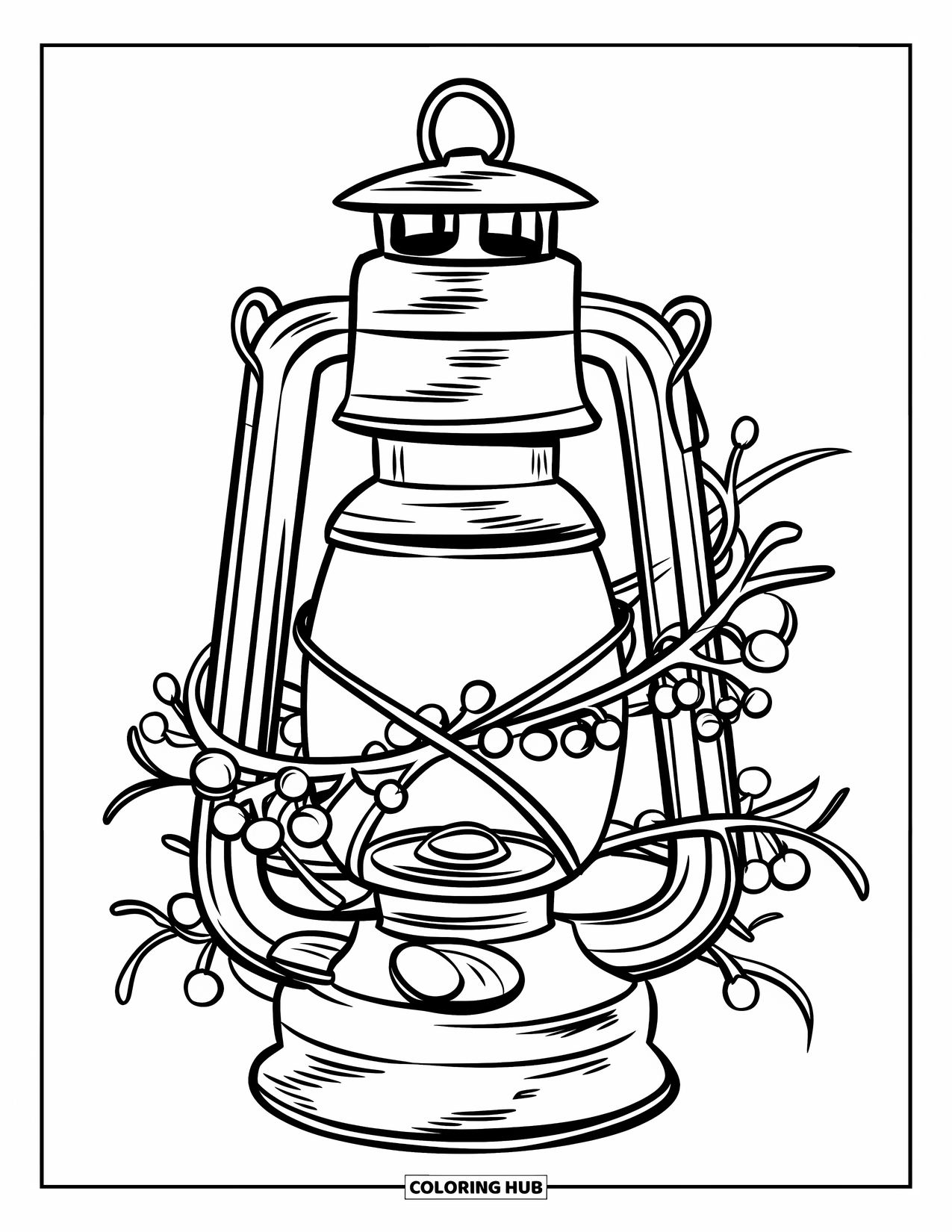 Mistletoe Coloring Page for Kids: A weathered lantern tangled with mistletoe vines stands simply