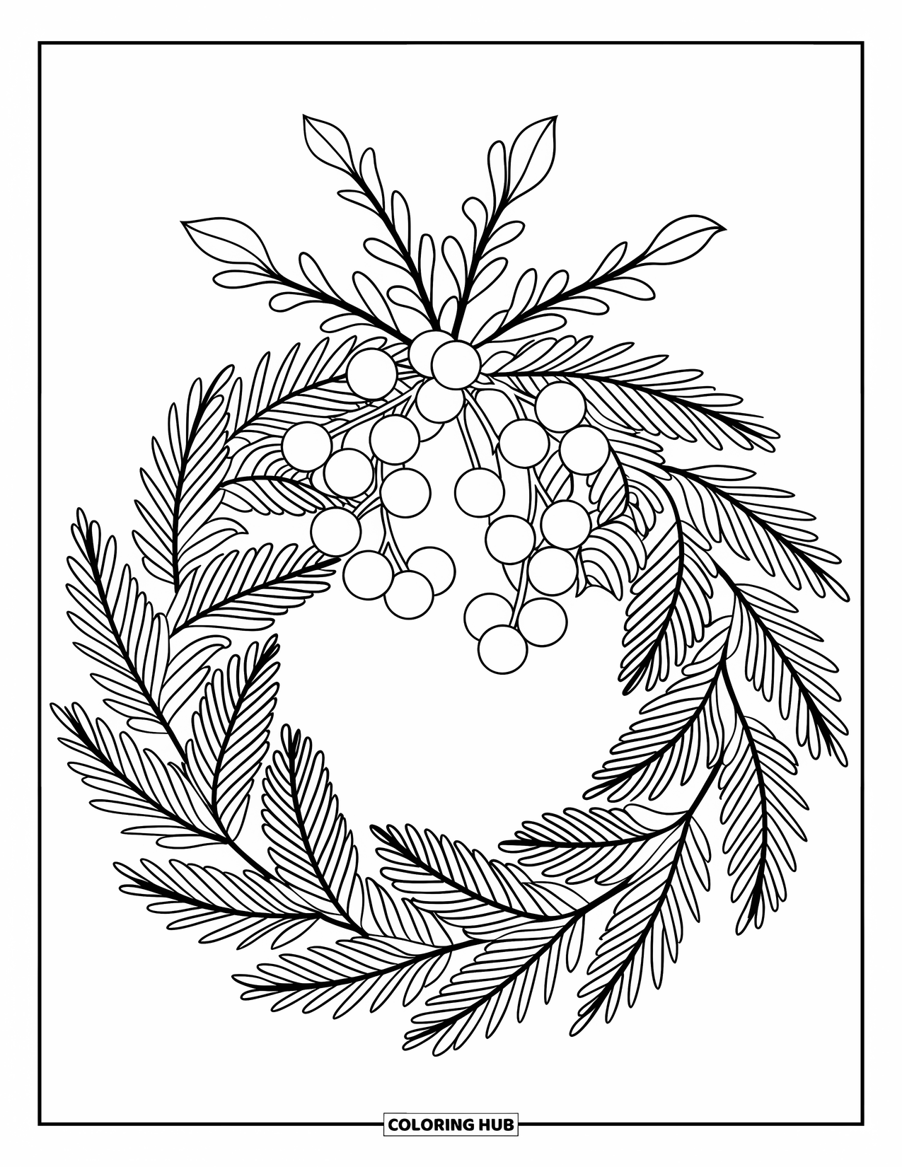 Mistletoe Coloring Page for Kids: An evergreen wreath with mistletoe sits ready for holiday cheer