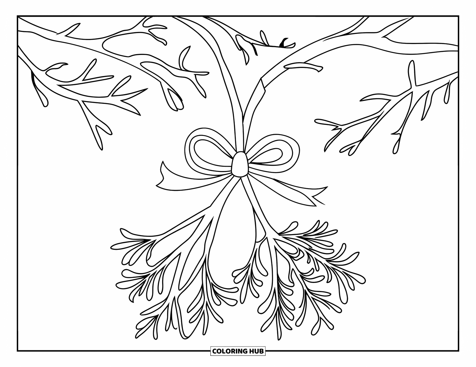 Mistletoe Coloring Page for Kids: Two mistletoe twigs tied with a bow hang from a branch