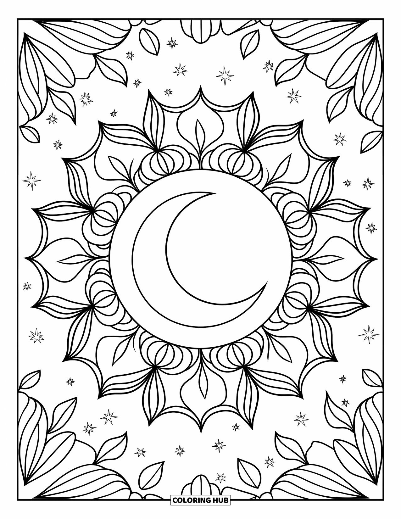 Moon And Stars Coloring Page for Adults: Botanical mandala with crescent moon and stars