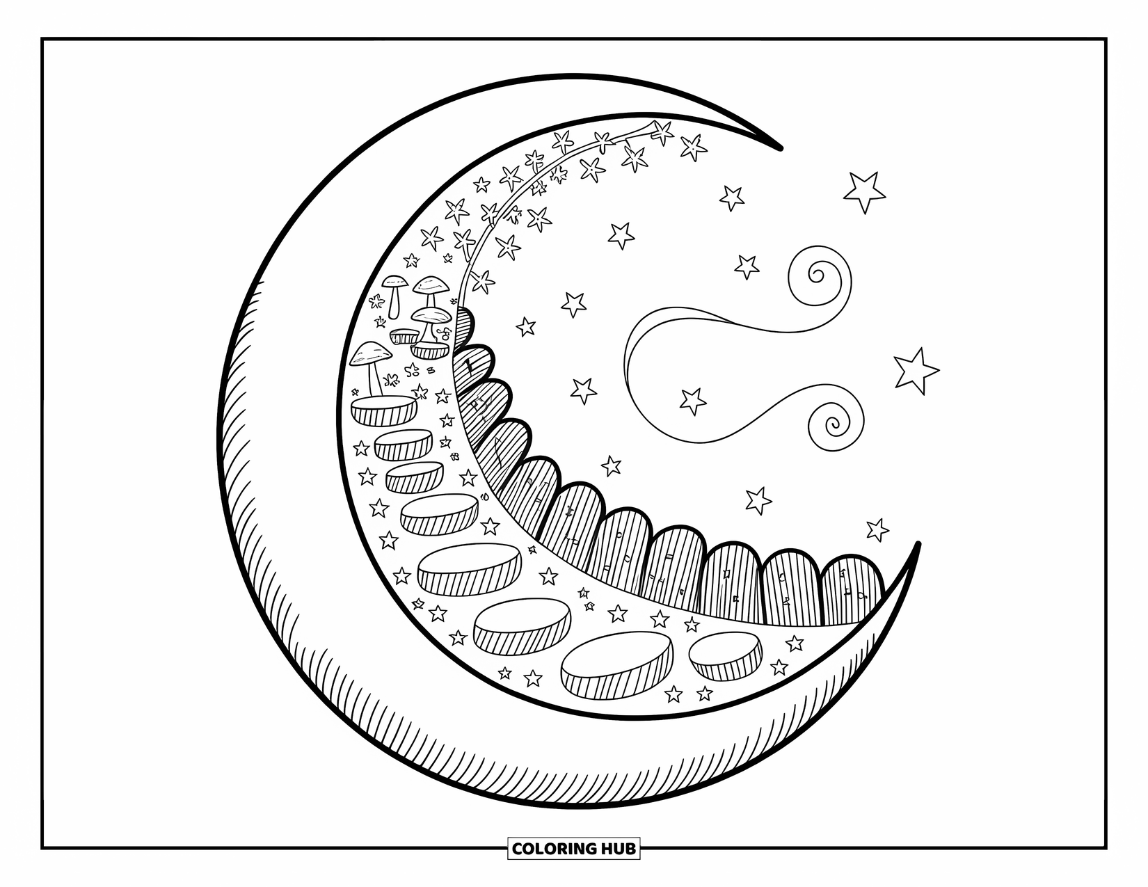 Moon And Stars Coloring Page for Adults: Cozy garden tucked inside a crescent moon frame