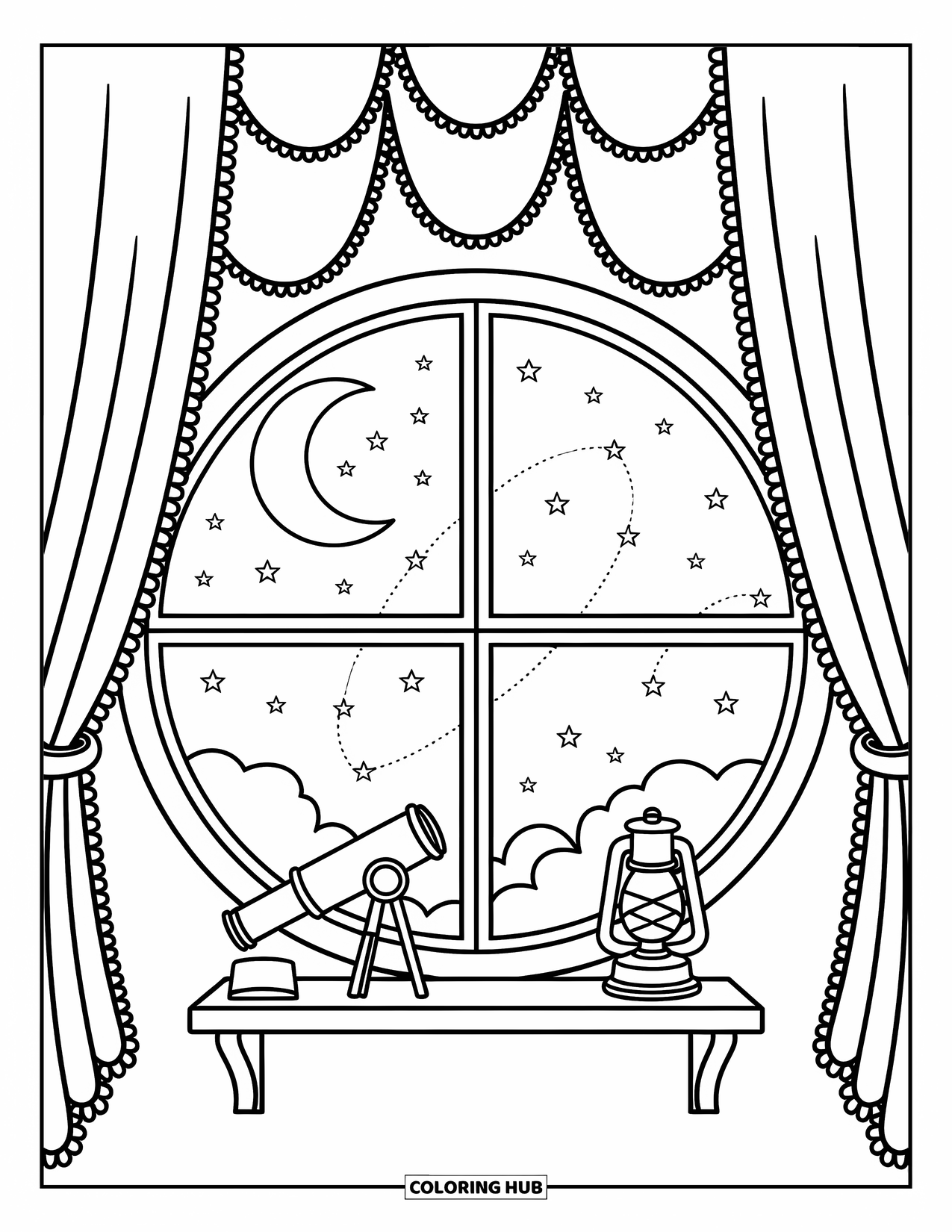 Moon And Stars Coloring Page for Adults: Crescent moon and stars framed by a circular window