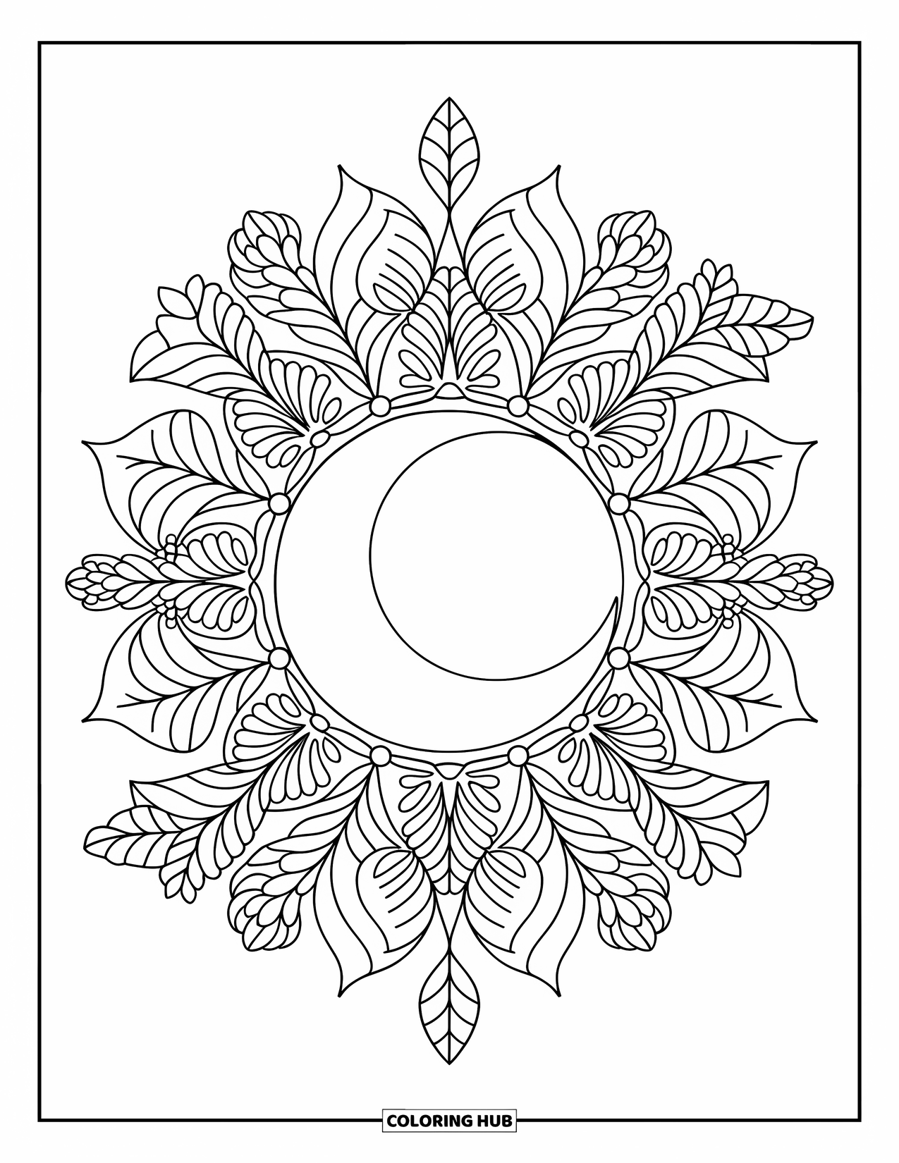 Moon And Stars Coloring Page for Adults: Crescent moon framed by botanical mandala patterns