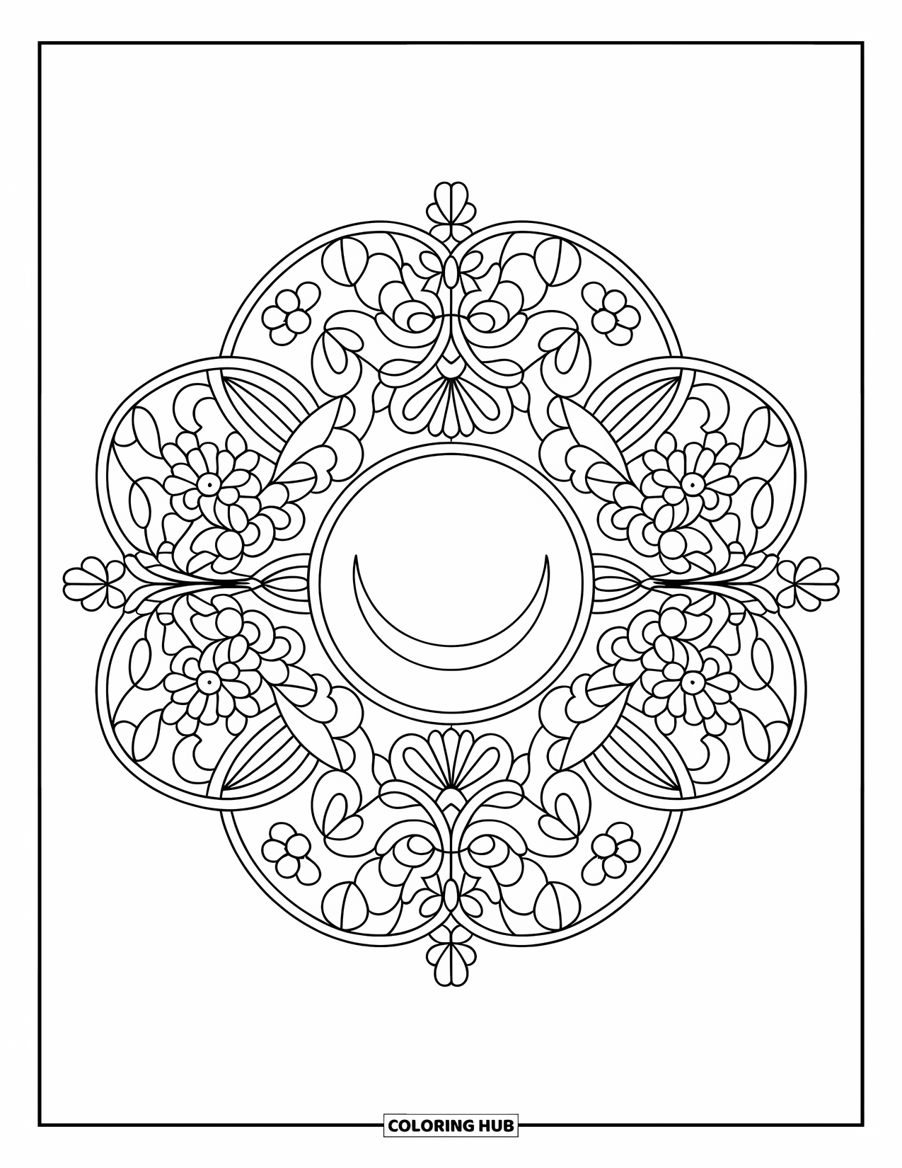 Moon And Stars Coloring Page for Adults: Crescent moon framed in a stained-glass design