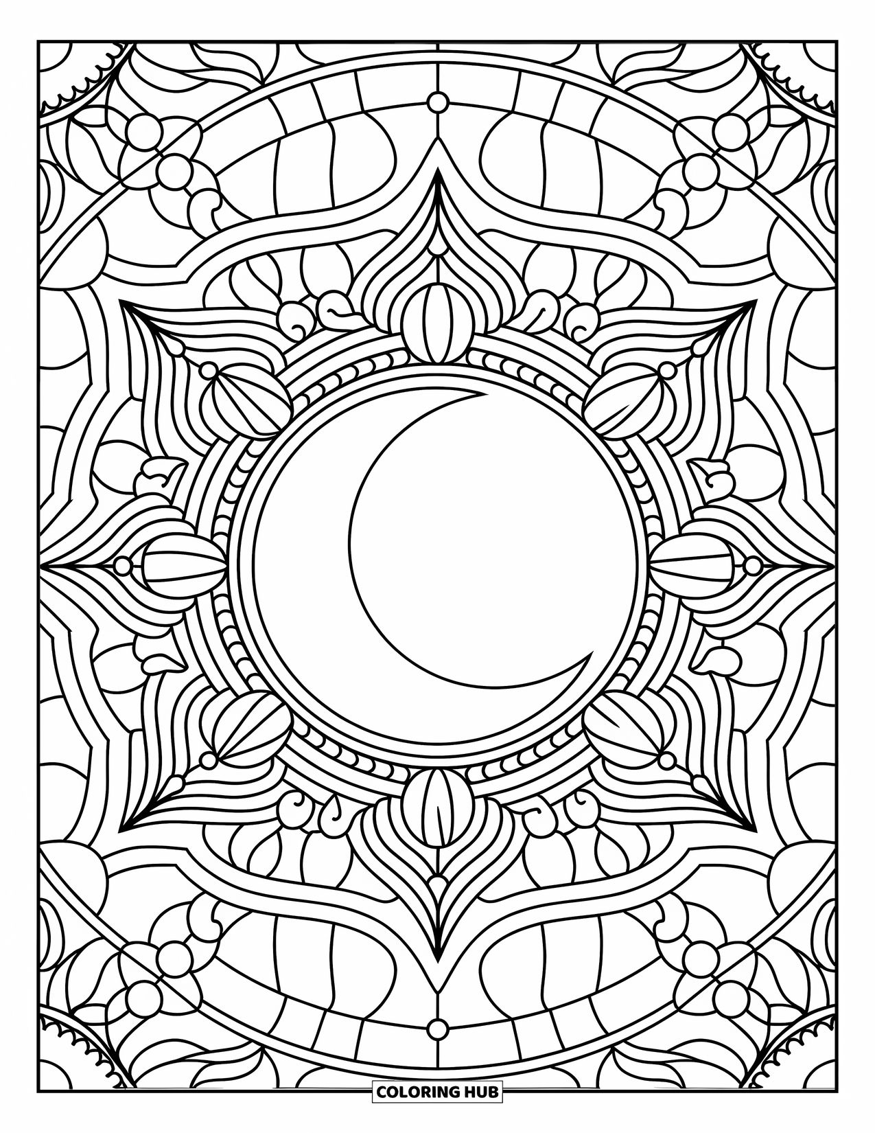 Moon And Stars Coloring Page for Adults: Crescent moon surrounded by detailed stained-glass patterns
