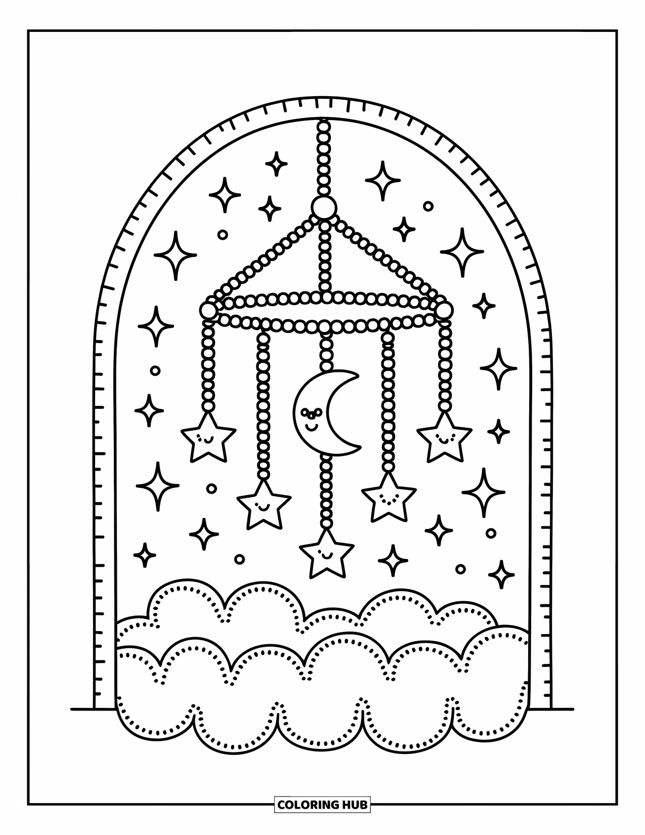 Moon And Stars Coloring Page for Adults: Cute moon and star mobile floating above a stitched cloud