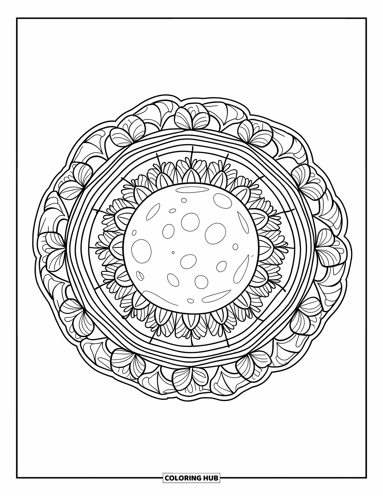 Moon And Stars Coloring Page for Adults: Full moon framed by floral and leafy mandalas