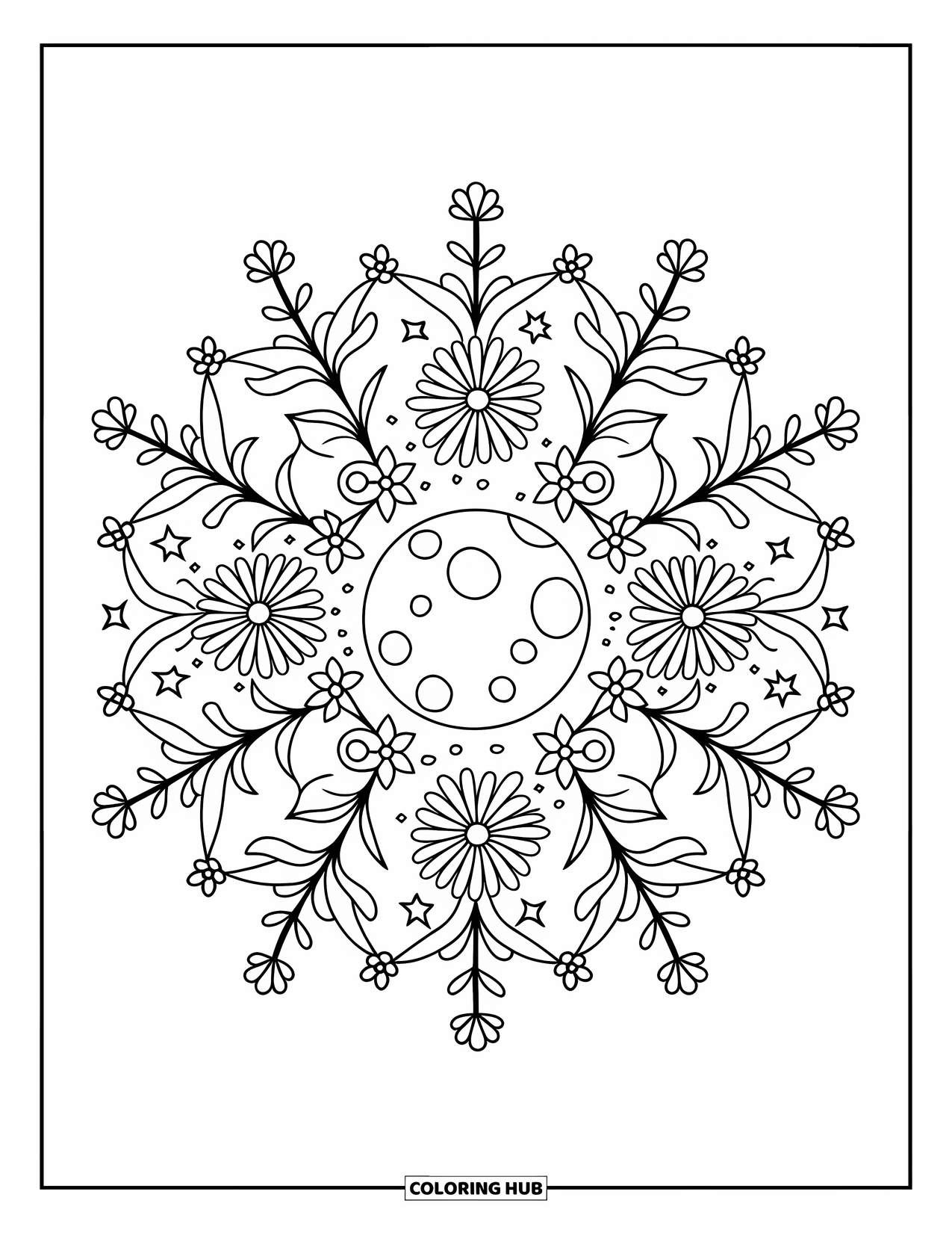 Moon And Stars Coloring Page for Adults: Mandala moon surrounded by vines, flowers, and stars