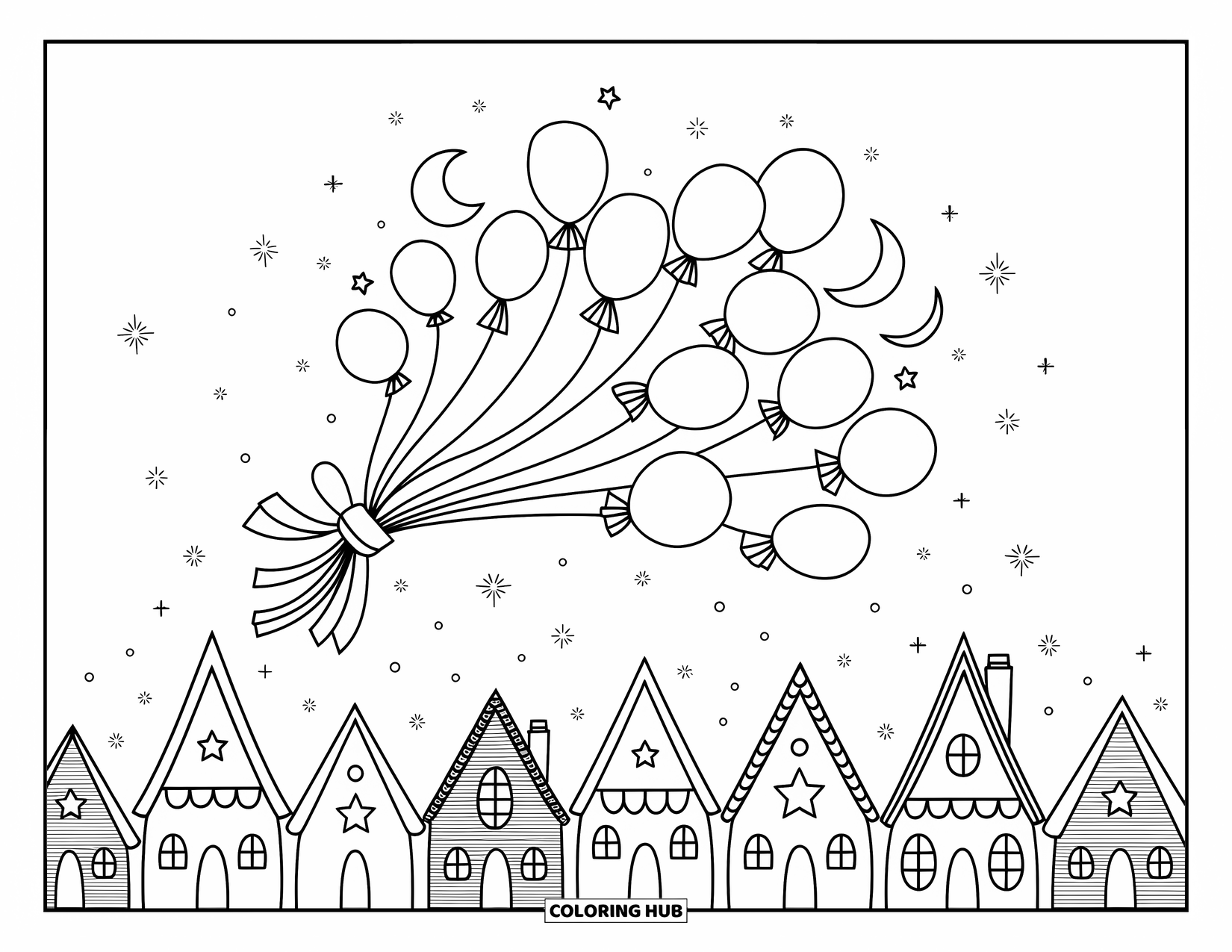 Moon And Stars Coloring Page for Adults: Moon and star balloons drifting above cozy rooftops