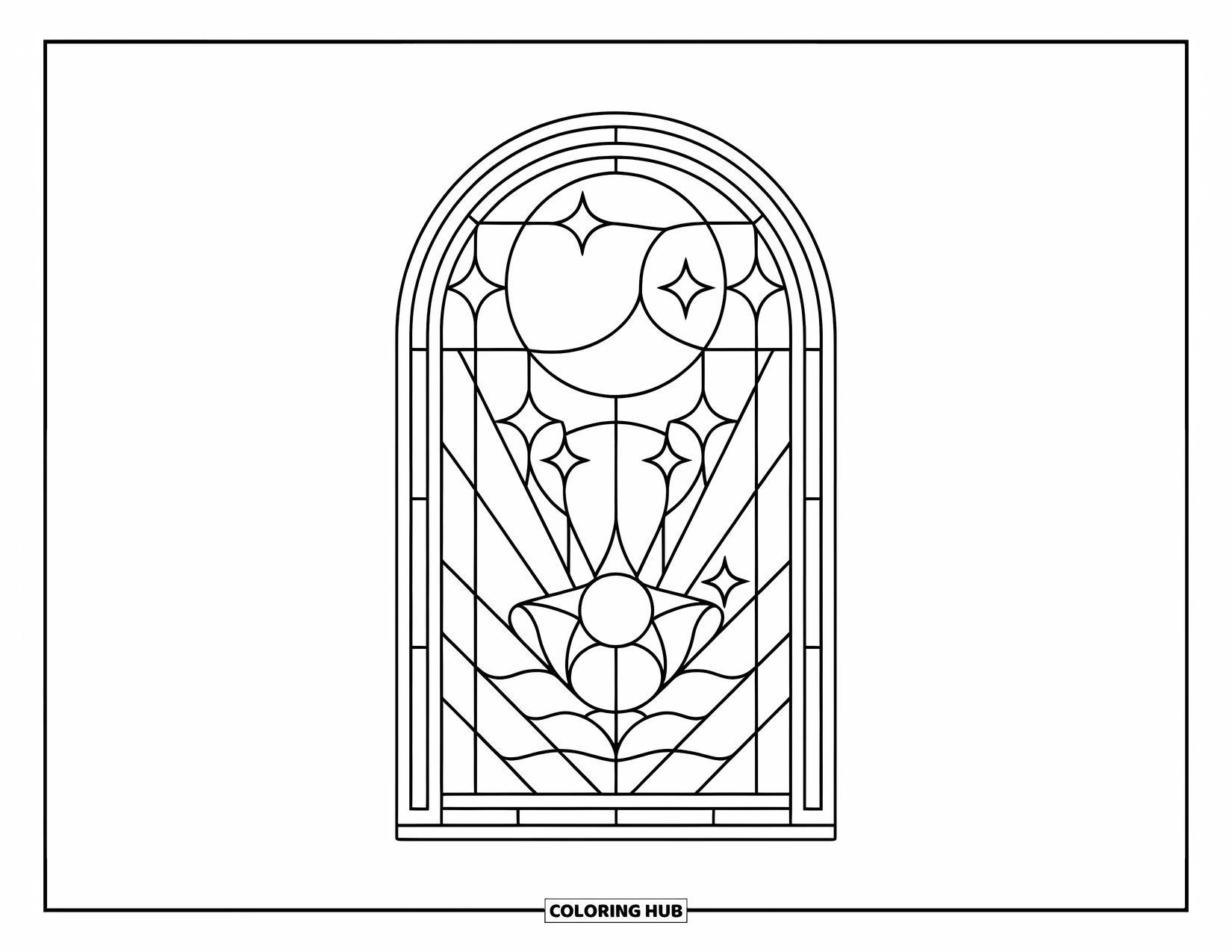 Moon And Stars Coloring Page for Adults: Moon and stars cluster framed in a stained-glass arch