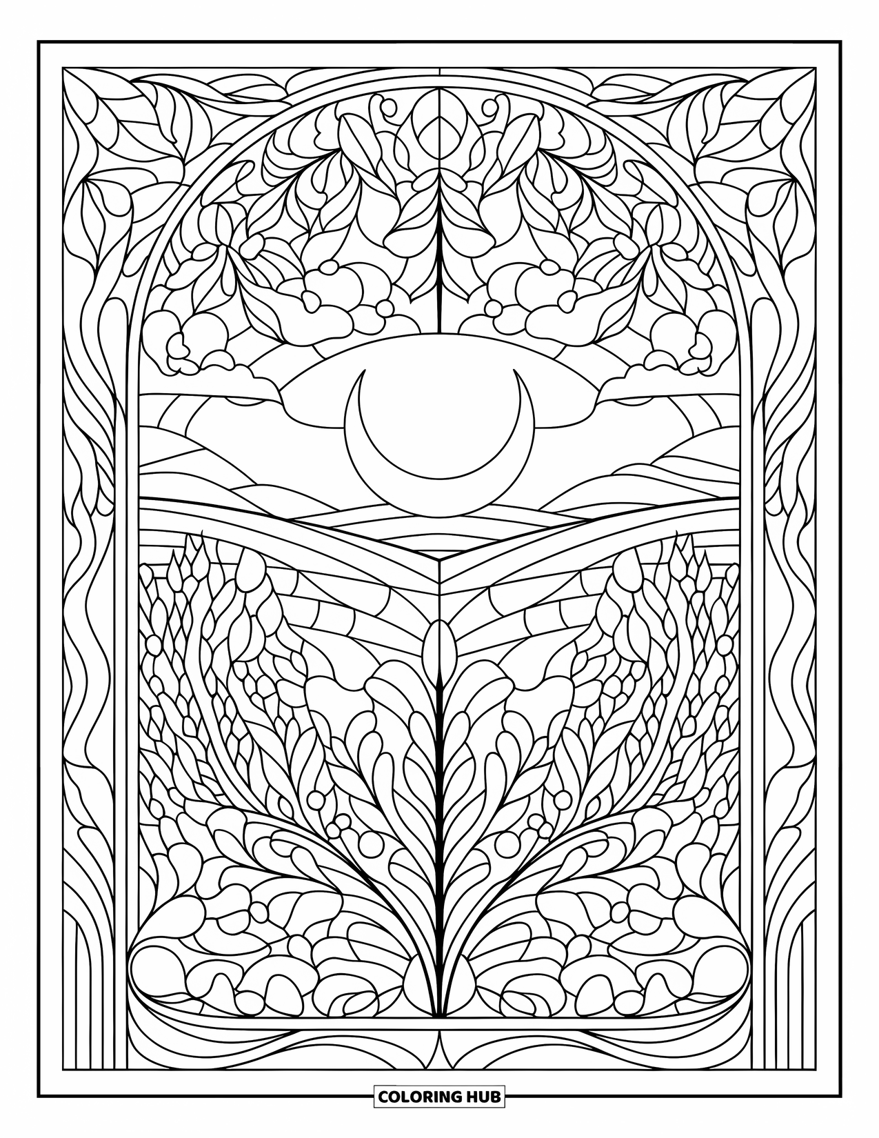 Moon And Stars Coloring Page for Adults: Moon centerpiece with stained-glass and floral details