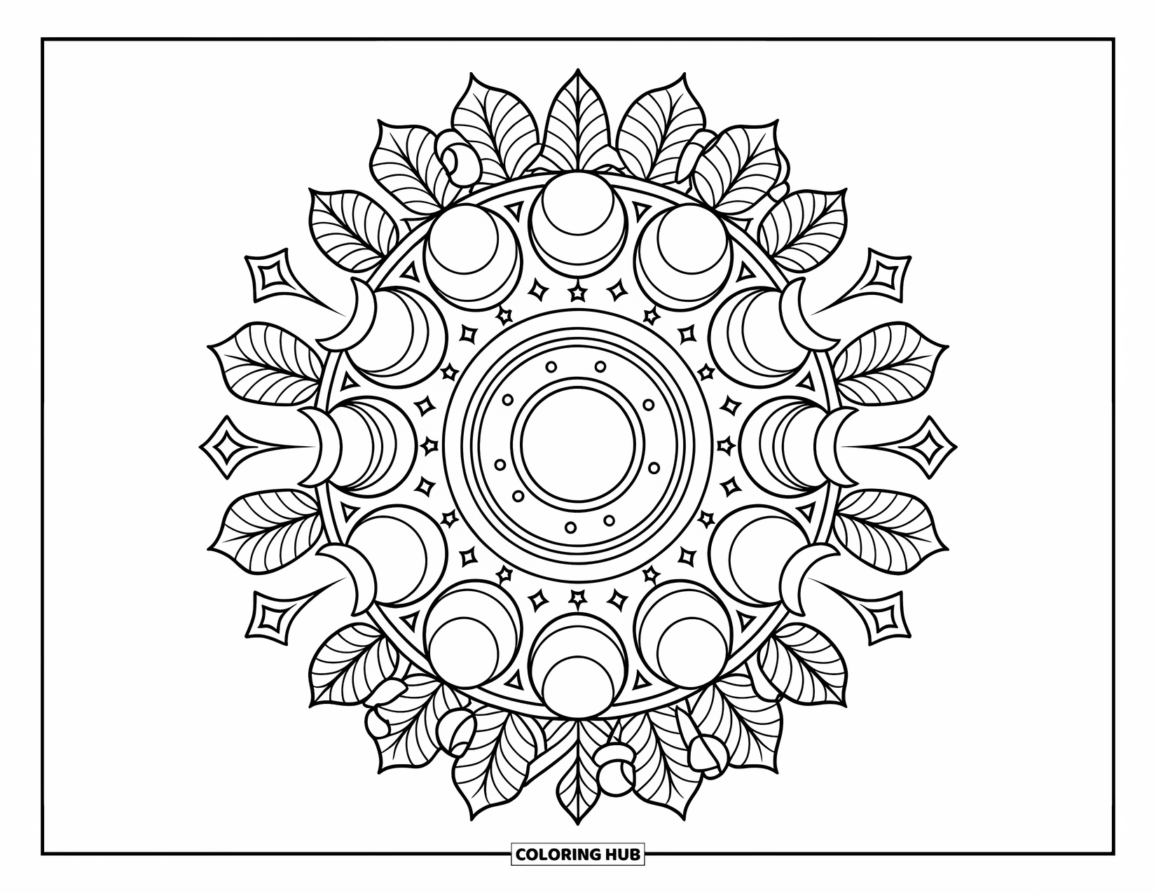 Moon And Stars Coloring Page for Adults: Moon phases mandala surrounded by stars and leaves