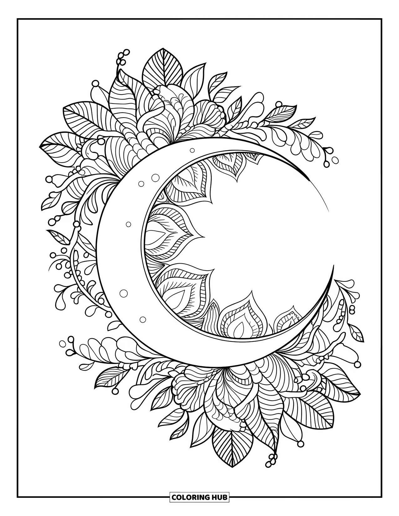 Moon And Stars Coloring Page for Adults: Moon surrounded by symmetrical botanical mandala designs