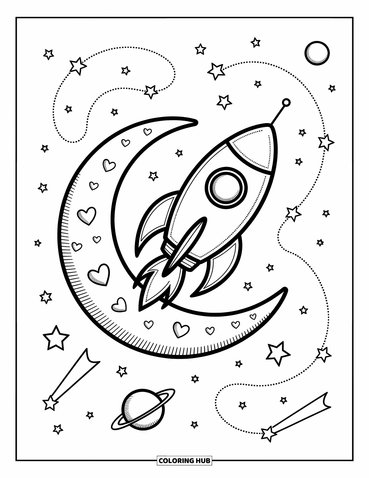 Moon And Stars Coloring Page for Adults: Rocketship floating above a crescent moon with heart craters