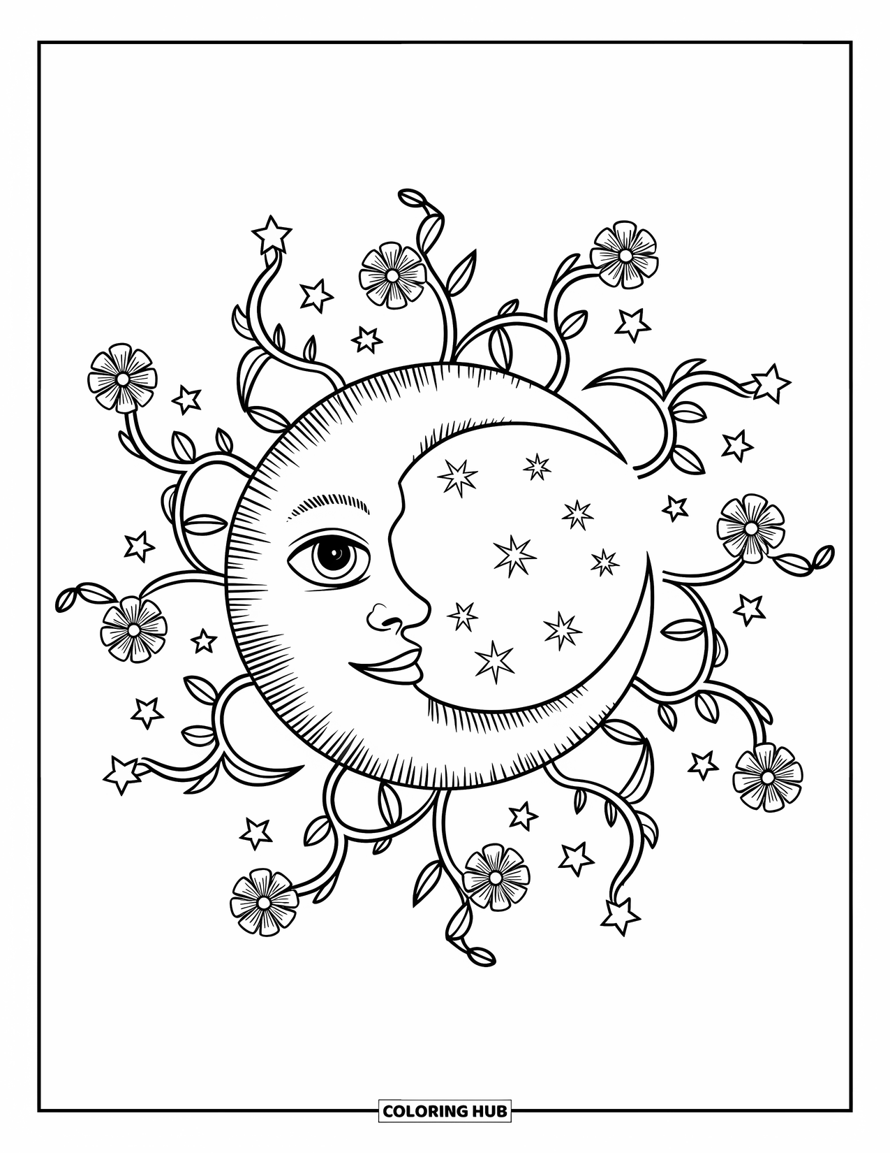 Moon And Stars Coloring Page for Adults: Smiling moon with vines, flowers, and tiny stars