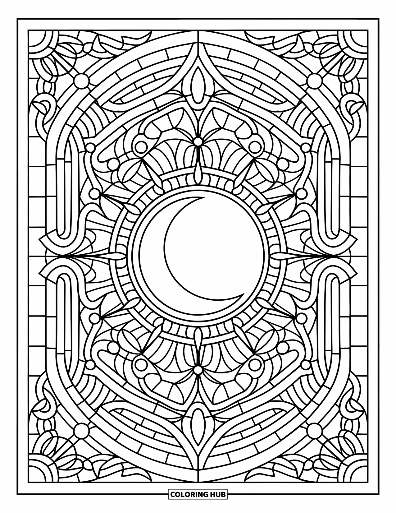 Moon And Stars Coloring Page for Adults: Stained-glass design with crescent moon centerpiece