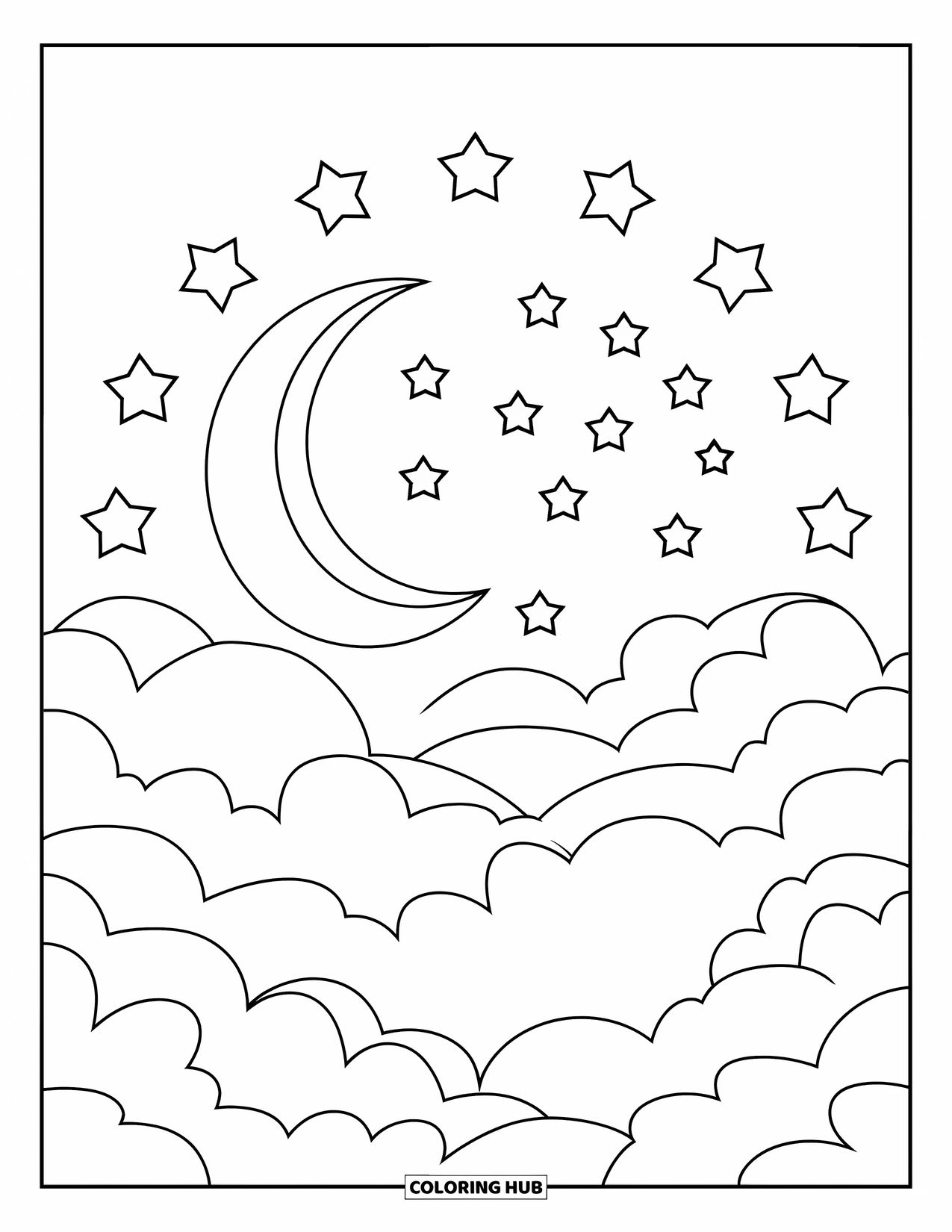 Moon And Stars Coloring Page for Kids: Arc of moon and stars above fluffy clouds