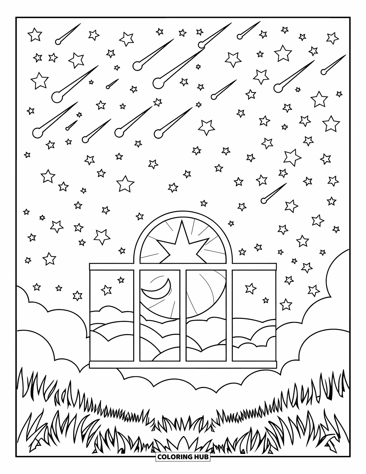 Moon And Stars Coloring Page for Kids: Circular sky window glowing with stars and crescent moon
