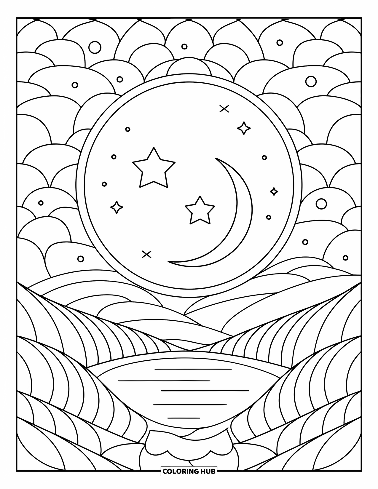 Moon And Stars Coloring Page for Kids: Circular sky window with stars and a crescent moon