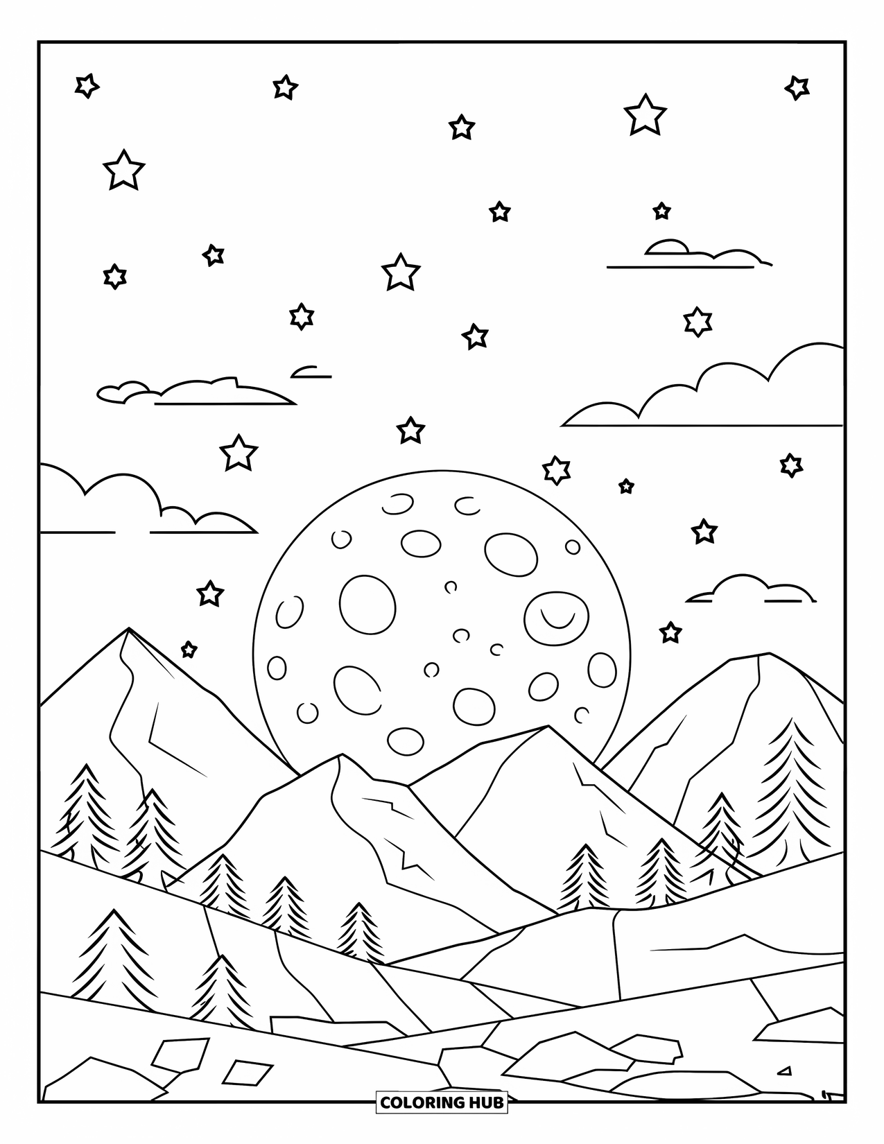 Moon And Stars Coloring Page for Kids: Clouds, moon, and stars arranged in a night arc