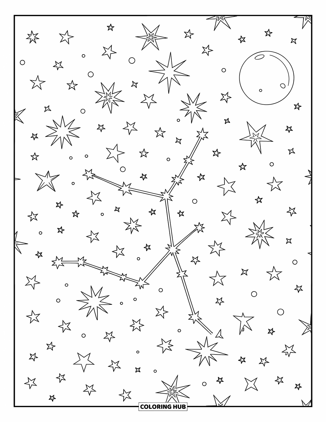 Moon And Stars Coloring Page for Kids: Constellation patterns across a sky with a full moon