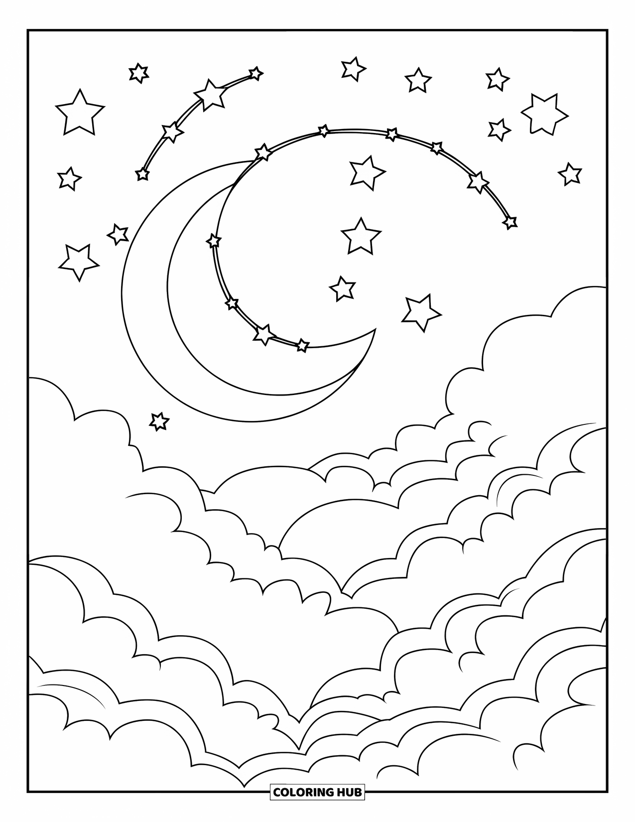 Moon And Stars Coloring Page for Kids: Crescent moon and stars forming a gentle arc